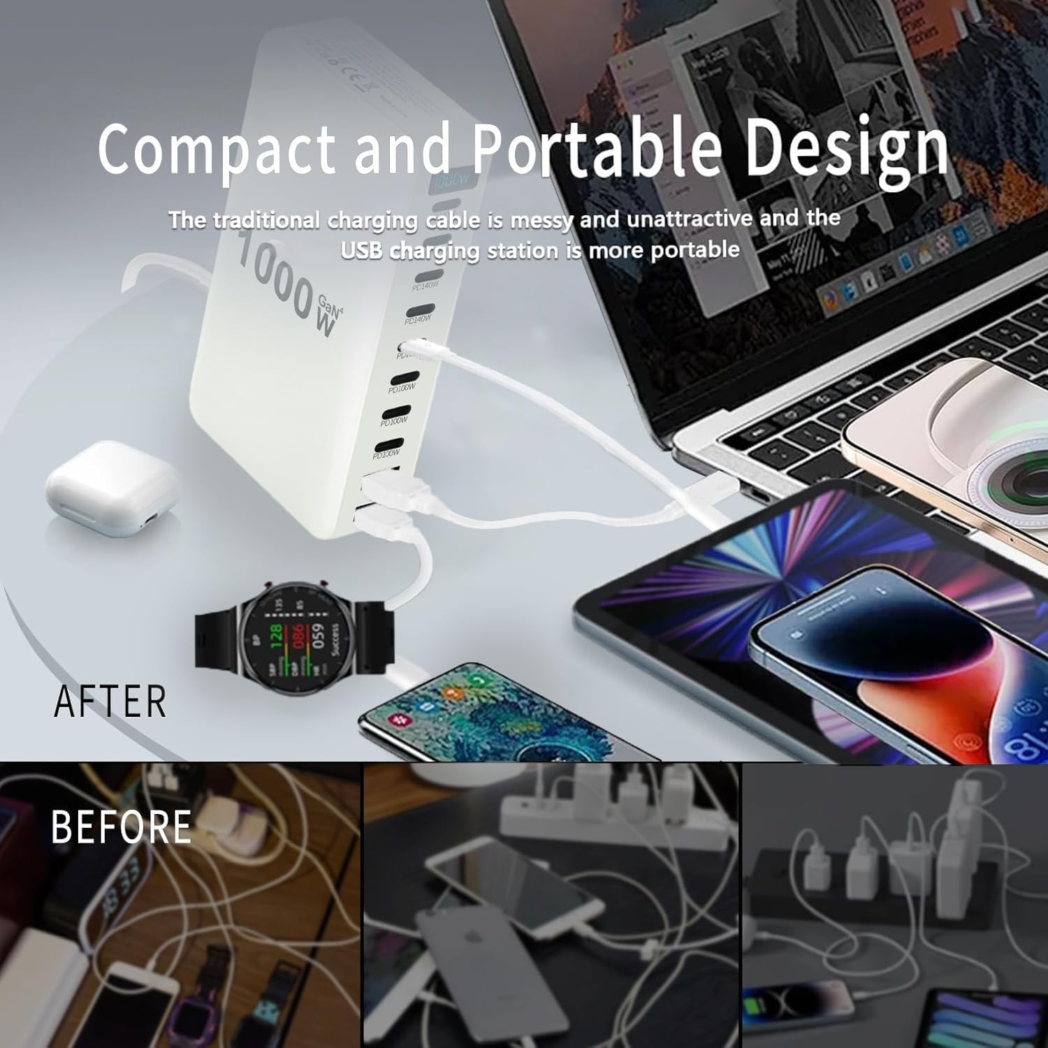 Cyperever 1000W USB C Fast Charger Block,10 Port USB Charging Station,Gan III 10-Port Fast Charging Station Hub,Pd 3.1 140W Laptop Charger Adapter Compatible with Macbook,Dell,Iphone Galaxy (White) image number 3