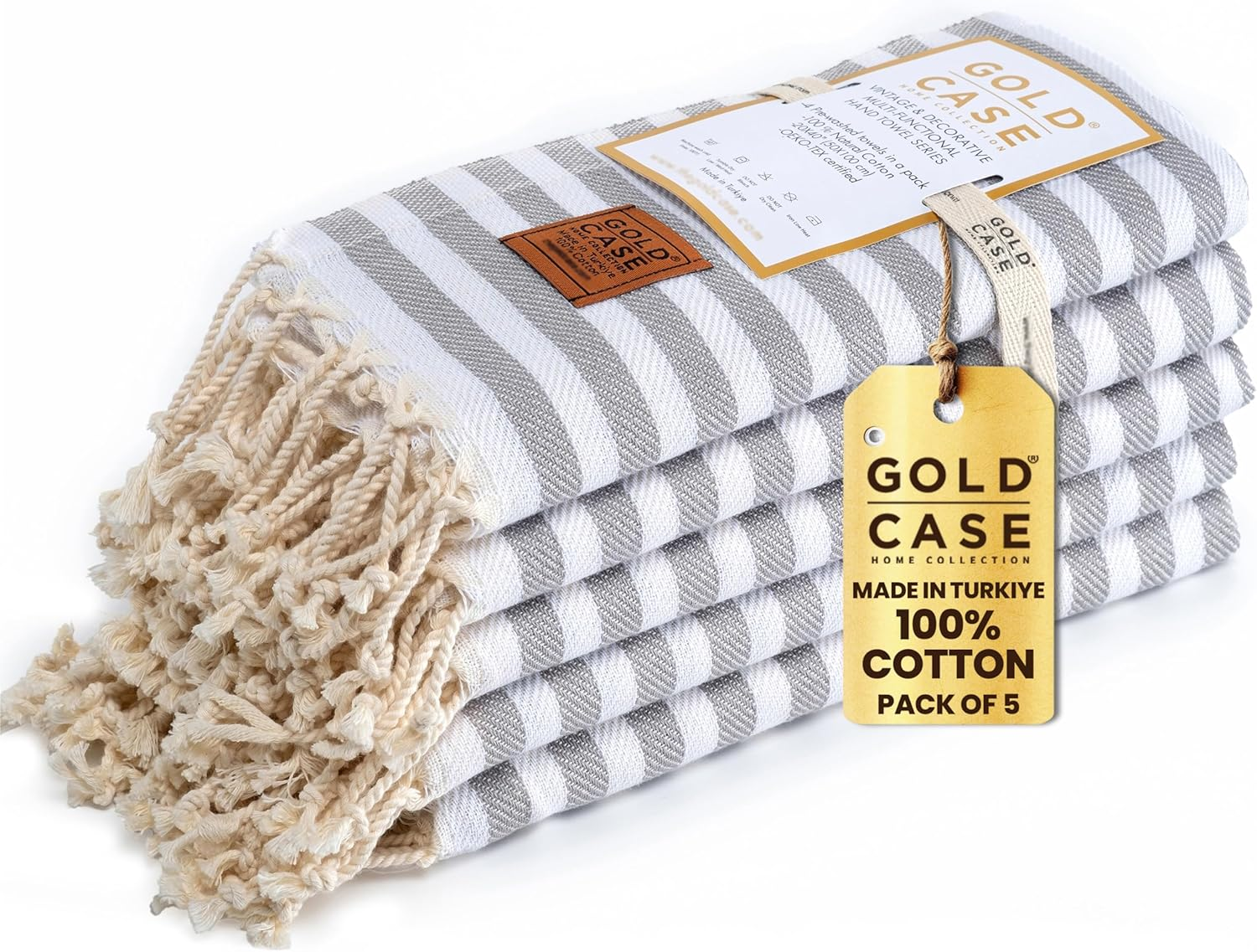 Gold Case Set of 5 XXL Smyrna Turkish Cotton Bath Beach Hammam Towels Peshtemal Towel Throw Blanket, Cotton, Grey, Xx-Large