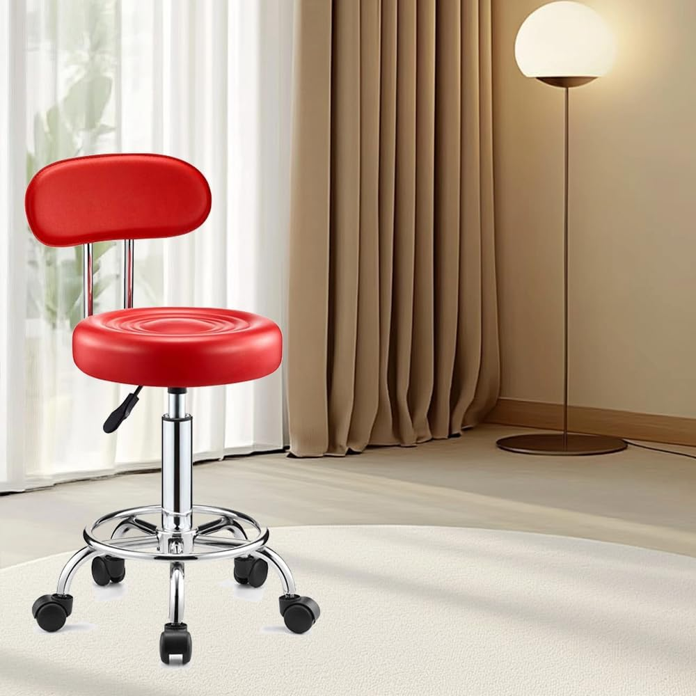 TOMVAES Rolling Stool with Back,Pu Leather Height Adjustable Swivel Task Chair with Footrest for Home Office,Salon,Spa (Red) (Red) - Red image number 6