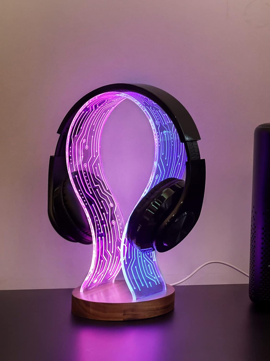 Yuandian Headphone Stand, Walnut Wood Headset Holder with Blue Pink LED Night Light for Gamers, Men, and Music Lovers - Perfect Desk Gift Idea image number 4