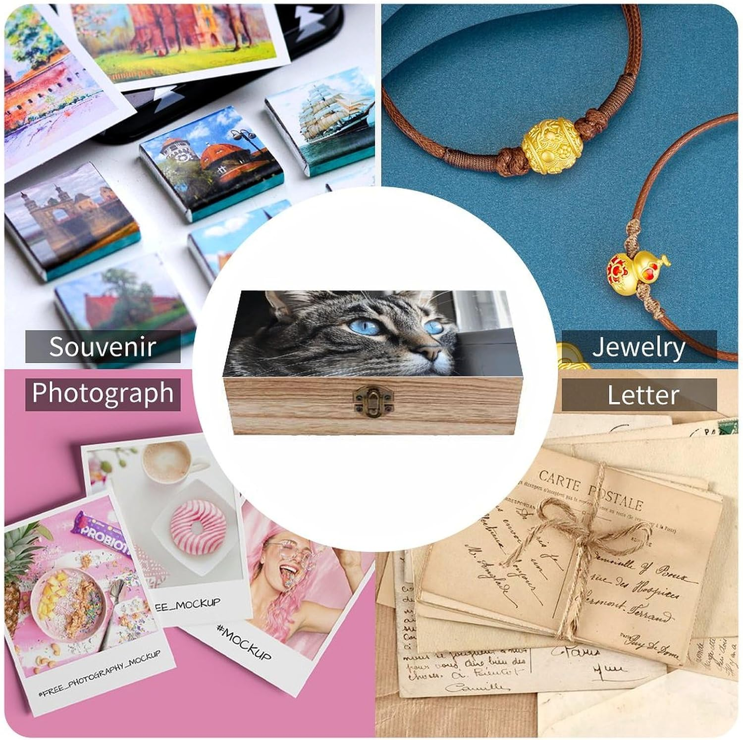 Blue Eyed Cat Wooden Box Wood Wedding Keepsake Boxes with Lids Small Decorative Boxes Lightweight Wooden Memory Storage Box for Crafts Keepsakes Jewelry Photo Letter Storage image number 3