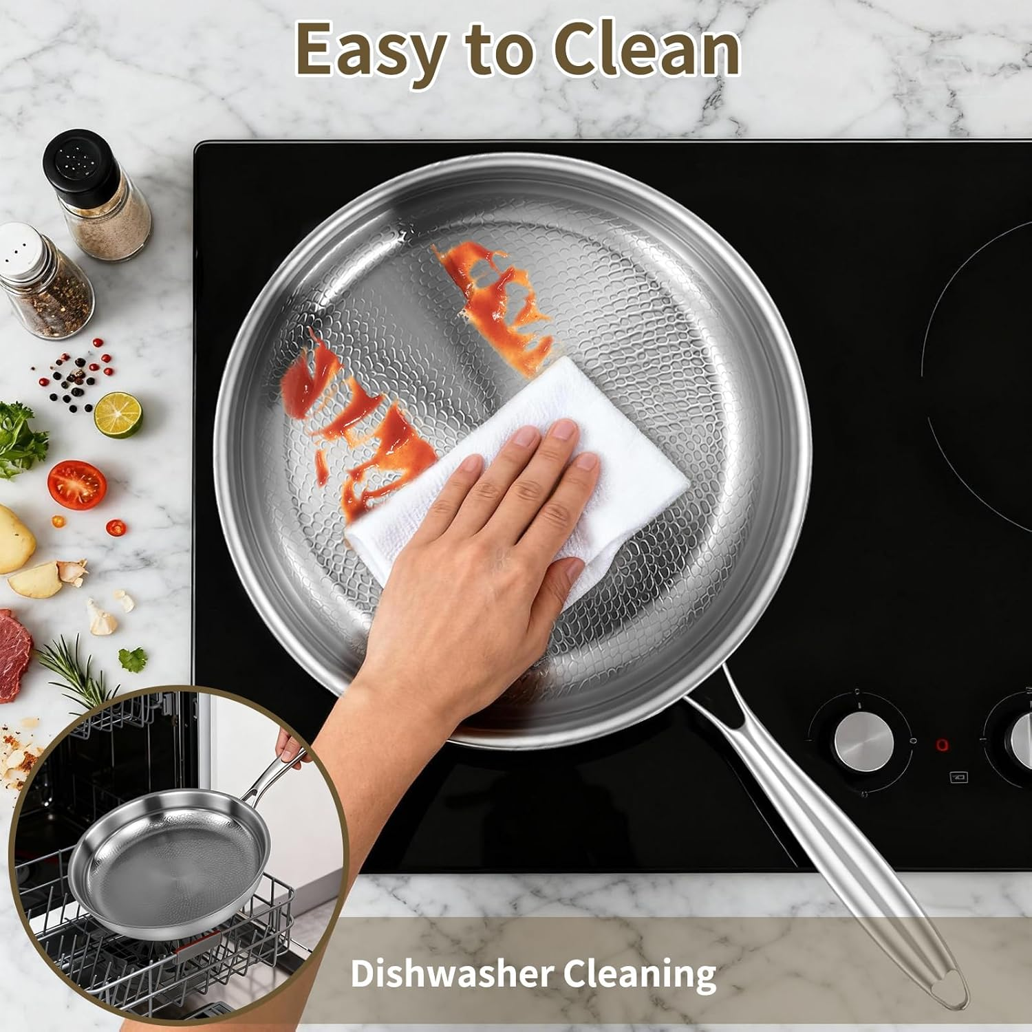 Titanium Hammered Pan Pro for Cooking, Titanium Panwith Lid, Stainless Steel Cookware Non Stick, Even Heating for Cooking (26Cm) image number 5