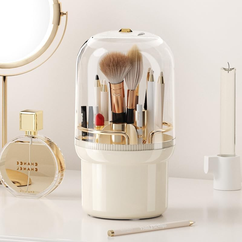 Makeup Brush Holder, 360&deg; Rotating Makeup Brush Organizer with Lid, Dustproof Cosmetic Brushes Storage with 7 Slots for Vanity Desktop Bathroom Countertop, Cream image number 3