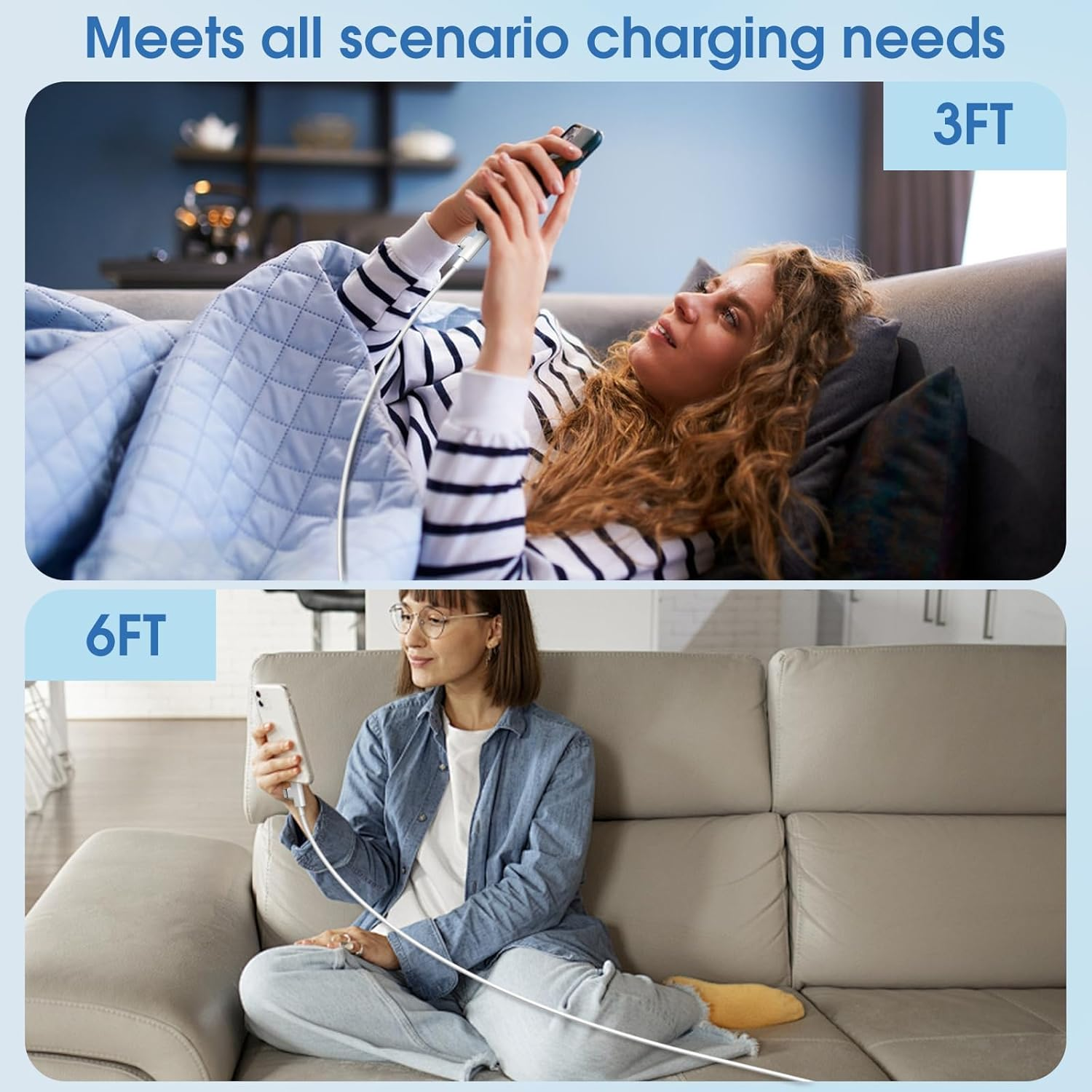 AMITOME 2 in 1 USB C to USB C and IP Fast Car Charging Cable 2M（2 Pack）,100W Mfi Certified Charging Cord Power Delivery for Iphone Charging Cord Compatible with Iphone 16 15 14 13 Pro Max Mini X image number 2