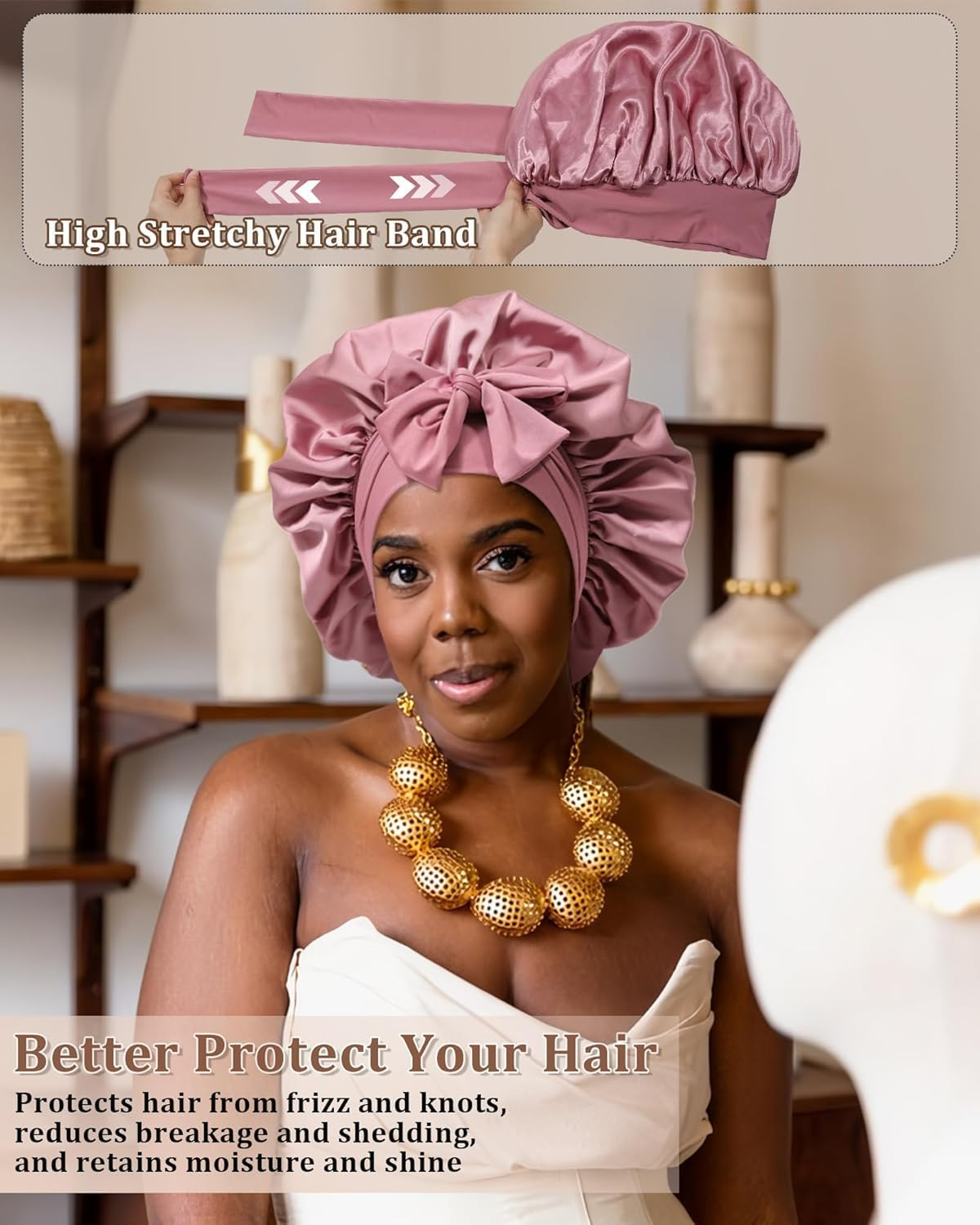 Maedery Reversible Satin Bonnet for Sleeping Women Double Layer Hair Bonnet with 2PCS Hair Scrunchies Elastic Tie Band Night Cap, Bean Paste + Pink, One Size image number 2