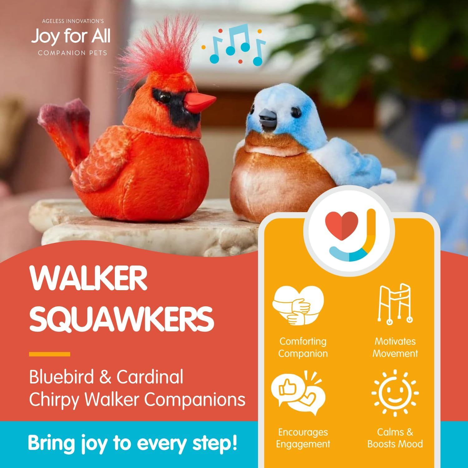JOY for ALL Walker Squawker, Cheery Animatronic Bird, Interactive Companion, Reminds You Not to Forget Your Walker - Cardinal