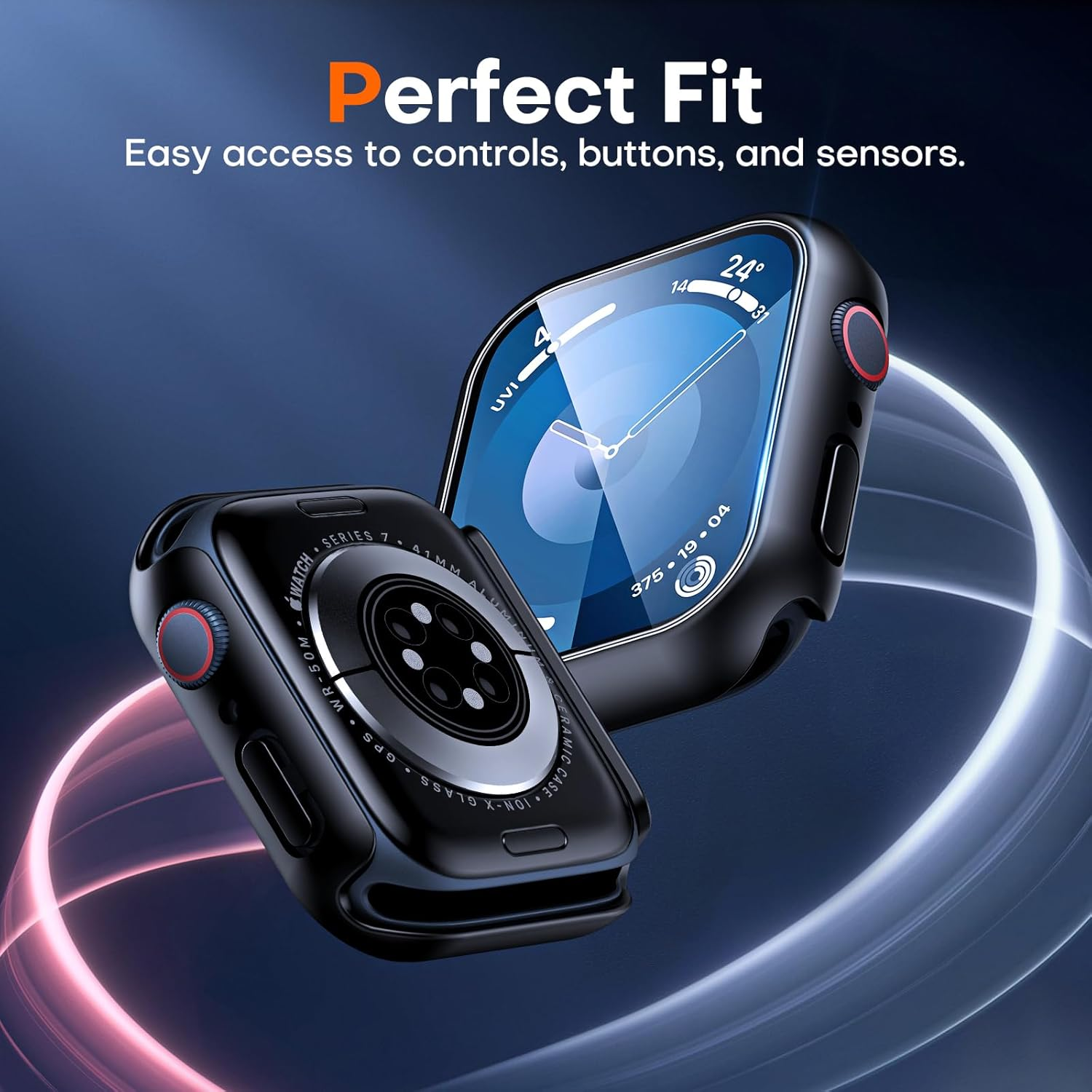 TAURI 2 Pack Hard Case Designed for Apple Watch Series 9 (2023) Series 8/7 41Mm, [360&deg; Shockproof] with 9H Tempered Glass Screen Protector, [Scratch-Resistant] Cover - Black