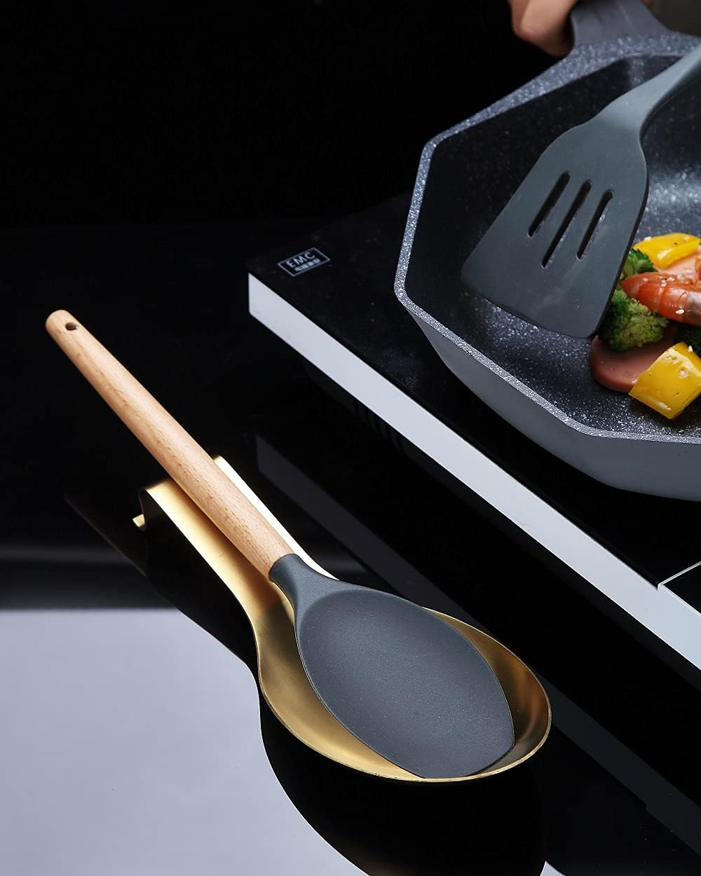 Matte Gold Spoon Rest, Stainless Steel Spoon Holder for Stove Top, Kitchen Utensils Holder for Ladles, Tongs, Spatula, Stove Spoon Holder, Pot Lid Holder, Dishwasher Safe (1PC-9.5 Inch)