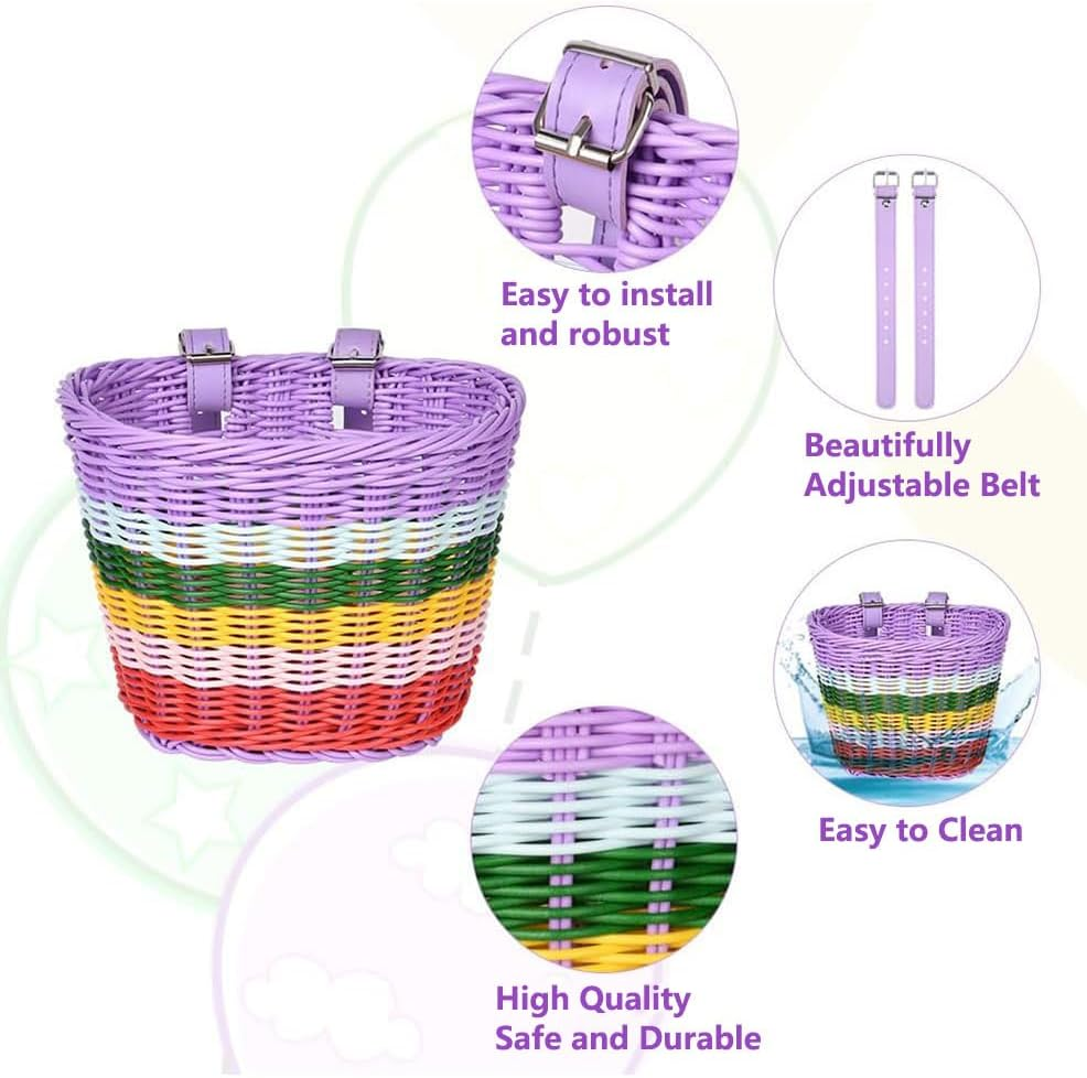 2-Piece Kids Bicycle Basket &ndash; Hand-Woven Rainbow Color Bike Baskets for Toddlers, Waterproof Tricycle and Scooter Basket with Adjustable Strap for Boys and Girls image number 6