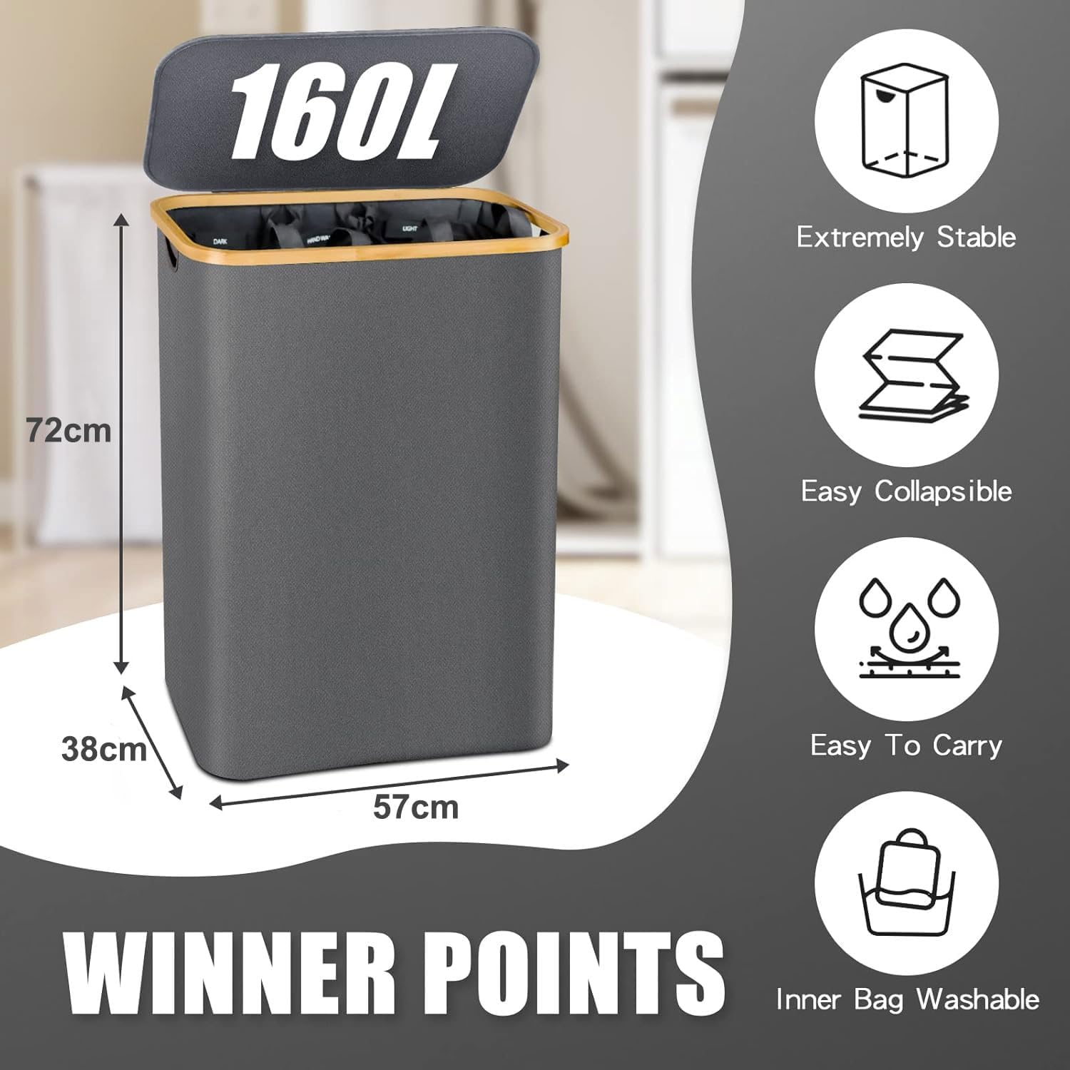 Laundry Hamper with Lid, 160L Extra Large Laundry Basket 3 Section Dirty Clothes Hamper for Laundry with Removable Laundry Bags, Hampers for Bedroom, Laundry Room (Beige, 160L) image number 1