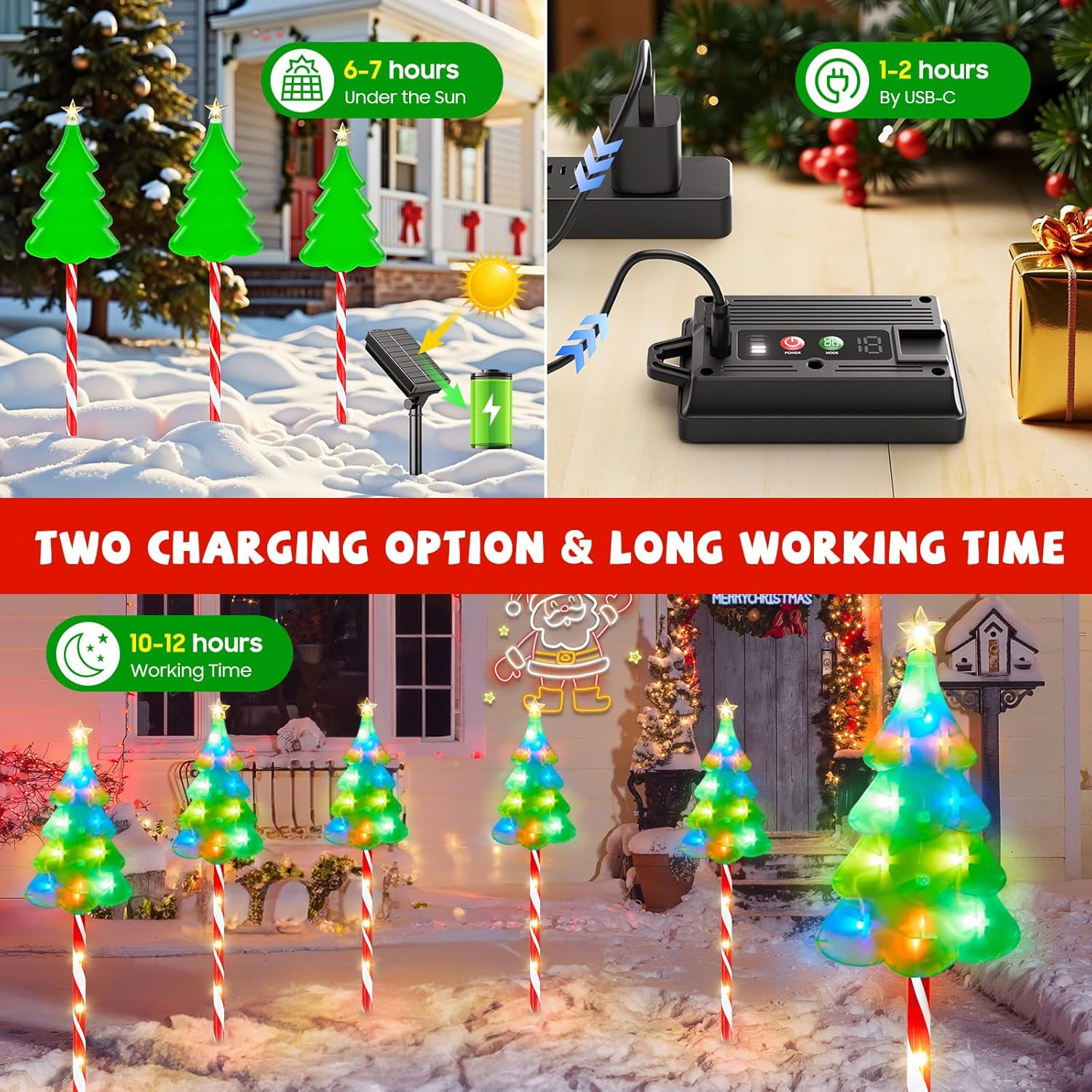 Ahaorigin Christmas Decorations, 6 Pack Colorful Solar Candy Cane Christmas Tree Lights with 10 Lighting Modes and Bright 102 LED, Waterproof Solar Light for Pathway Yard