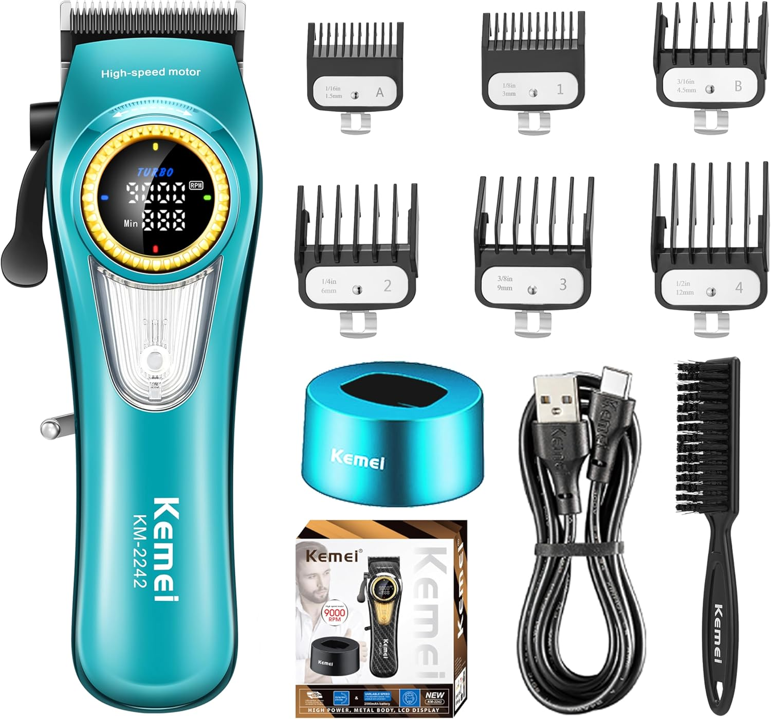 KEMEI 2242 Professional Hair Clippers for Men, Cordless Barber Clipper with LED Display & Charging Base, Hair Cutting Tools, 9000 RPM Super Torque Motor, Black
