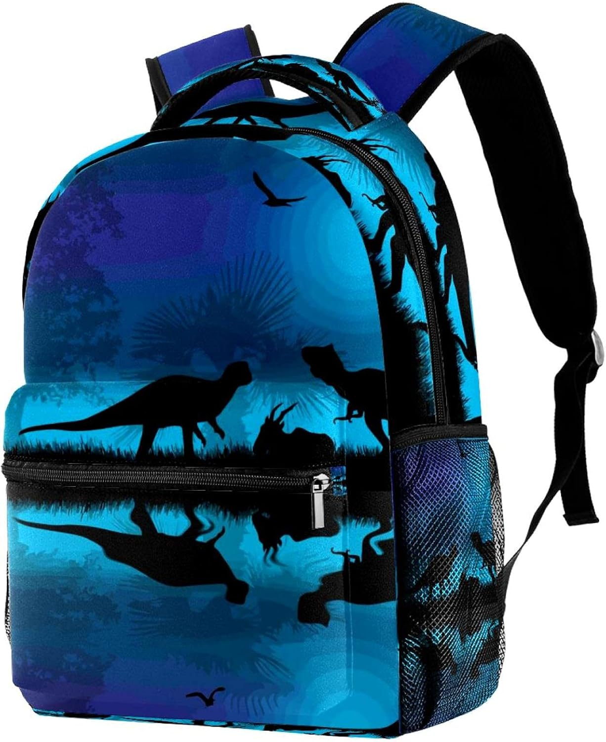 Dinosaurs Silhouettes at Blue Night near Water Backpack Students Shoulder Bags Travel Bag College School Tote Backpacks