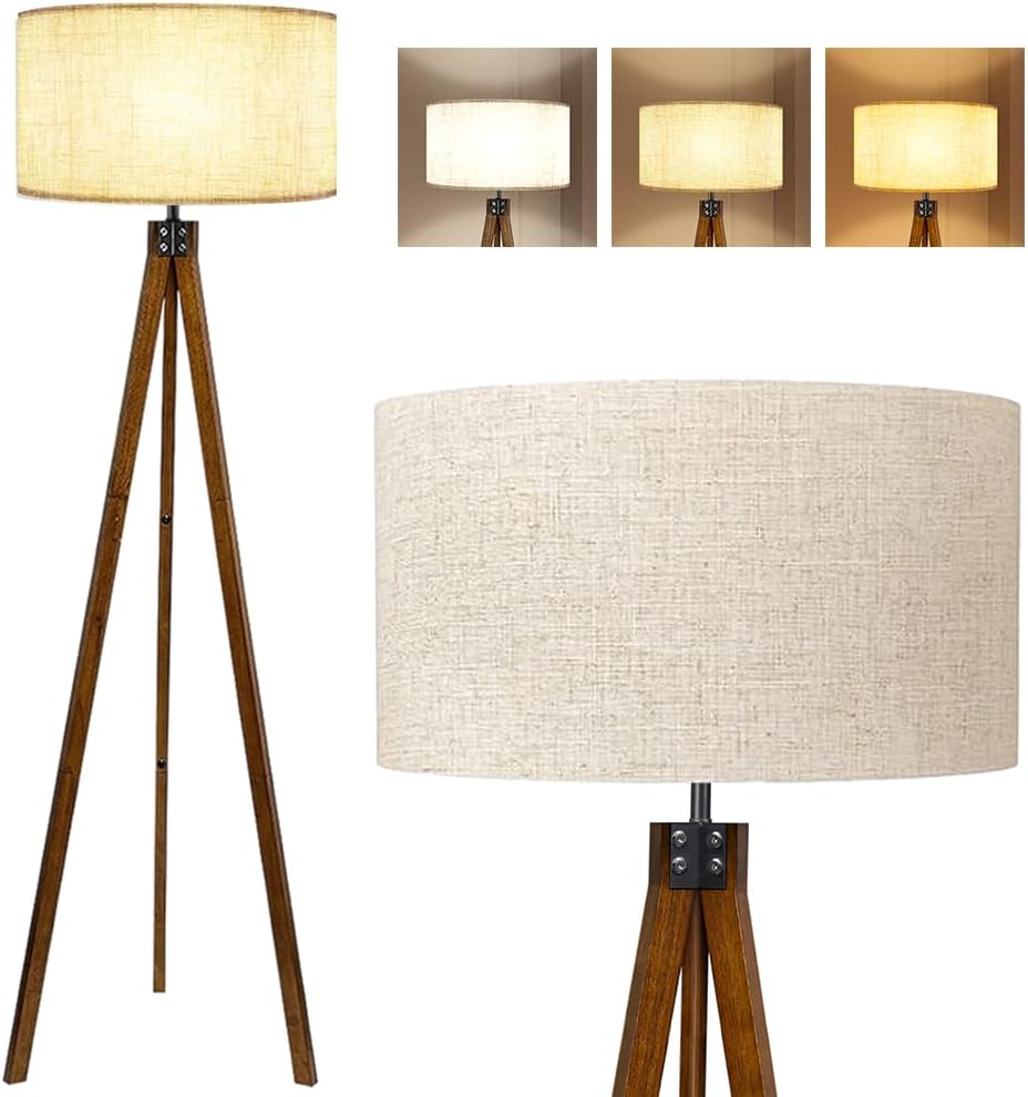 Clora Wood Tripod Floor Lamp Mid Century Standing Lamp Modern Design Studying Light for Living Room, Bedroom, Study Room and Office