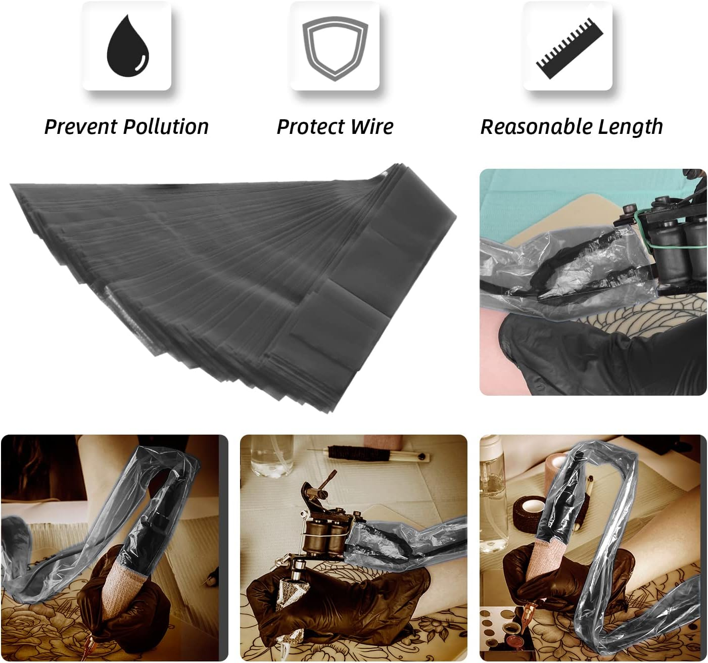 ATOMUS 100Pcs Tattoo Clip Cord Sleeves with 2Pcs Self-Adhesive Bandage Disposable Plastic Cover Bags Tattoo Pen Bag Tattoo Machine Accessories (Black) image number 2