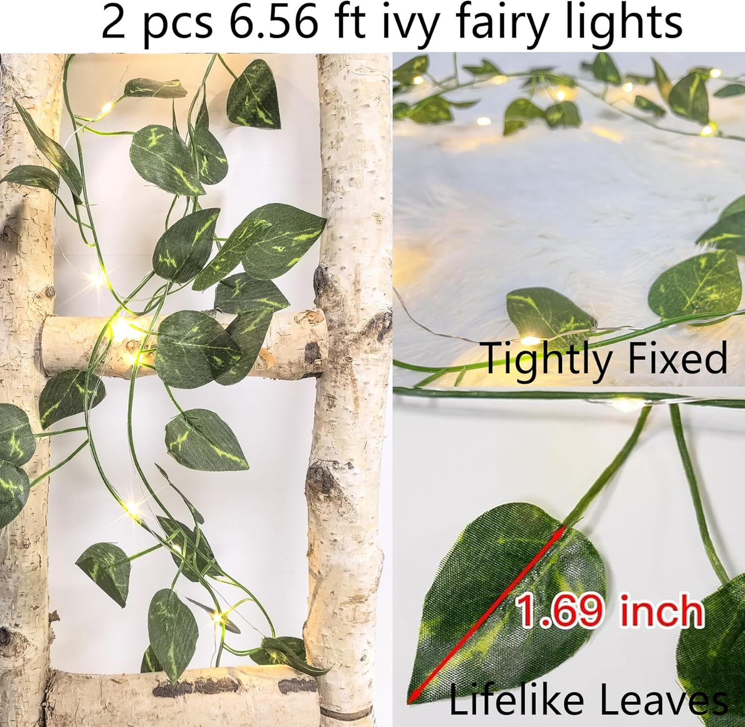2 Pack 13Ft Green Eucalyptus Leaves Fairy String Lights Battery Operated, Artifical Garland Plant Vine Fairy Light for Bedroom Wedding Party Holiday Patio Decor (Pothos) image number 1