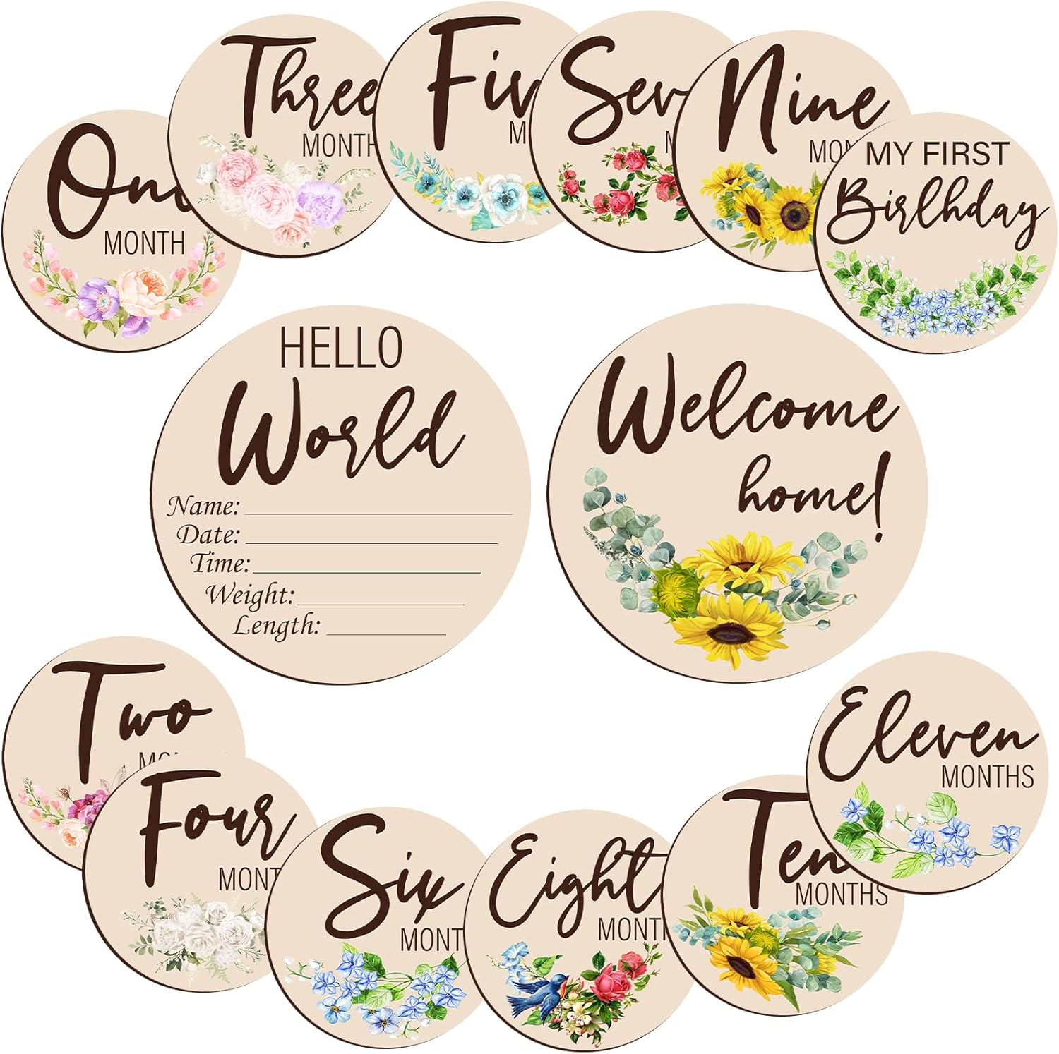Baby Monthly Milestone,Beautiful Baby Milestone Signs-7 Double Sided Marker Wooden Circles Discs Newborn Photography Prop, Pregnancy Journey Birth Announcement Sign Baby Boy and Girl Gift Sets