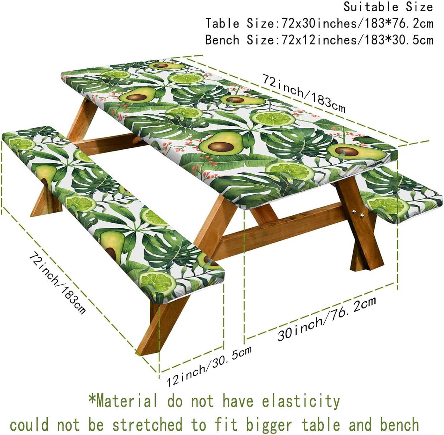 Gupcaqosjw Fitted Picnic Table Cover,6Ft Rectangle Outdoor Tablecloth Waterproof Windproof - Car Travel Must Haves, Elastic Outdoor Supplies, Avocado Pattern image number 3