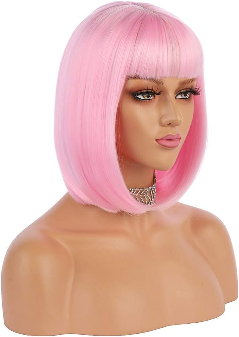 Enilecor Short Bob Hair Wigs 12" Straight with Flat Bangs Synthetic Colorful Cosplay Daily Party Wig for Women Natural as Real Hair+ Free Wig Cap (Light Pink)