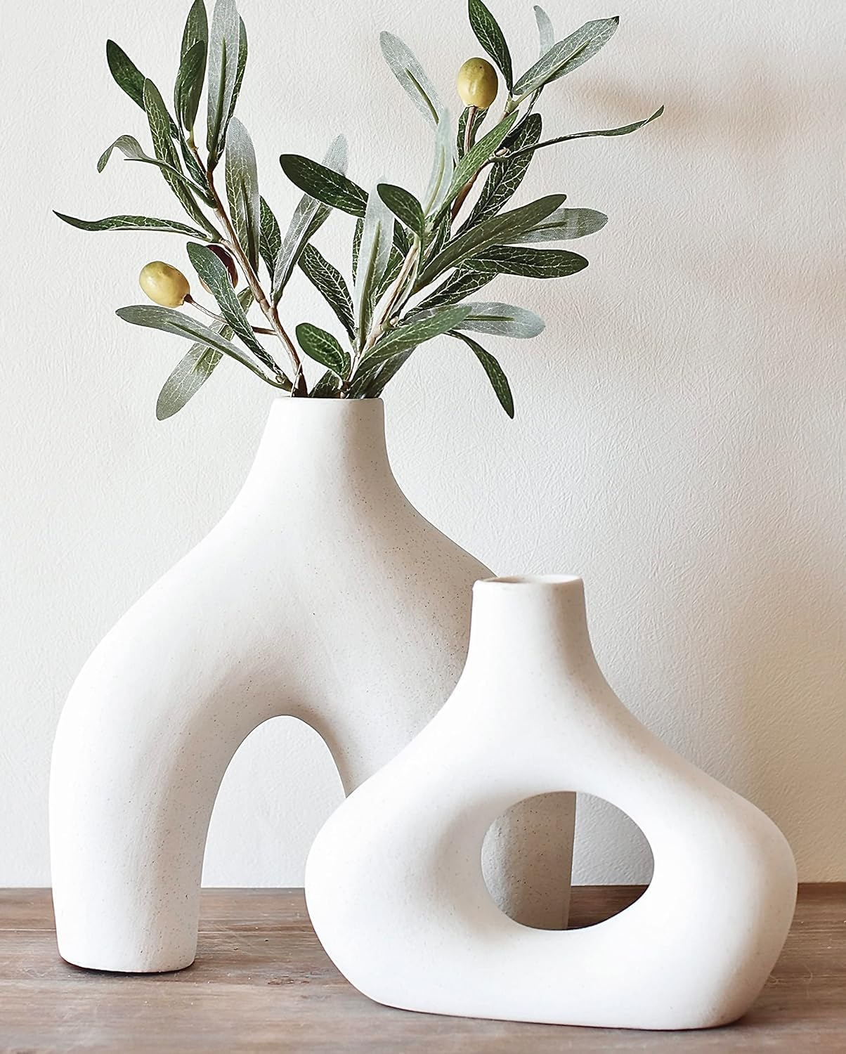 Snuggle Hollow Ceramic Vase Set of 2, Nordic Modern Boho Ins Style Decorative Ceramic Aesthetic Flower Vase for Home Decor (Milky White W 6.3" X H 8.4")