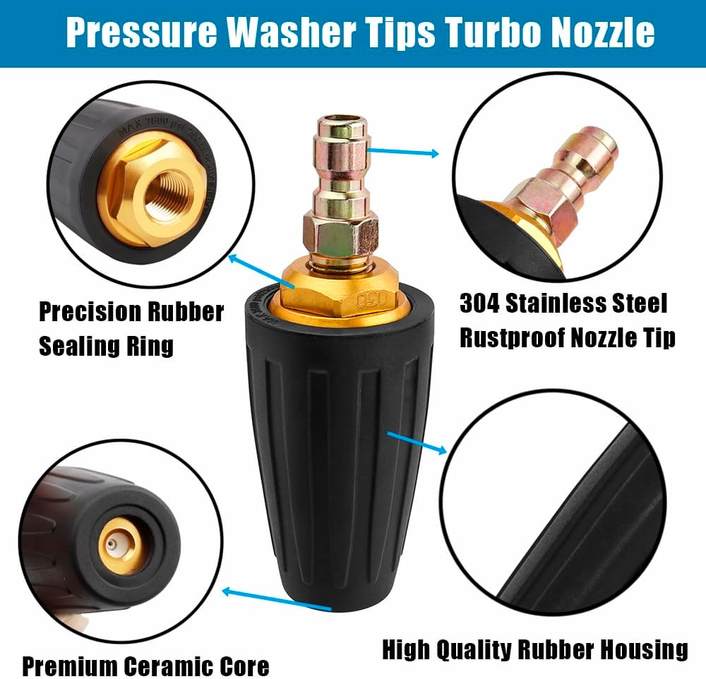 Yakamoz High-Pressure Washer Tips Turbo Nozzle, 360&deg; Rotating Spray Turbo 3600 PSI 4.0GPM with 1/4" Quick Connector for Pressure Washer image number 5