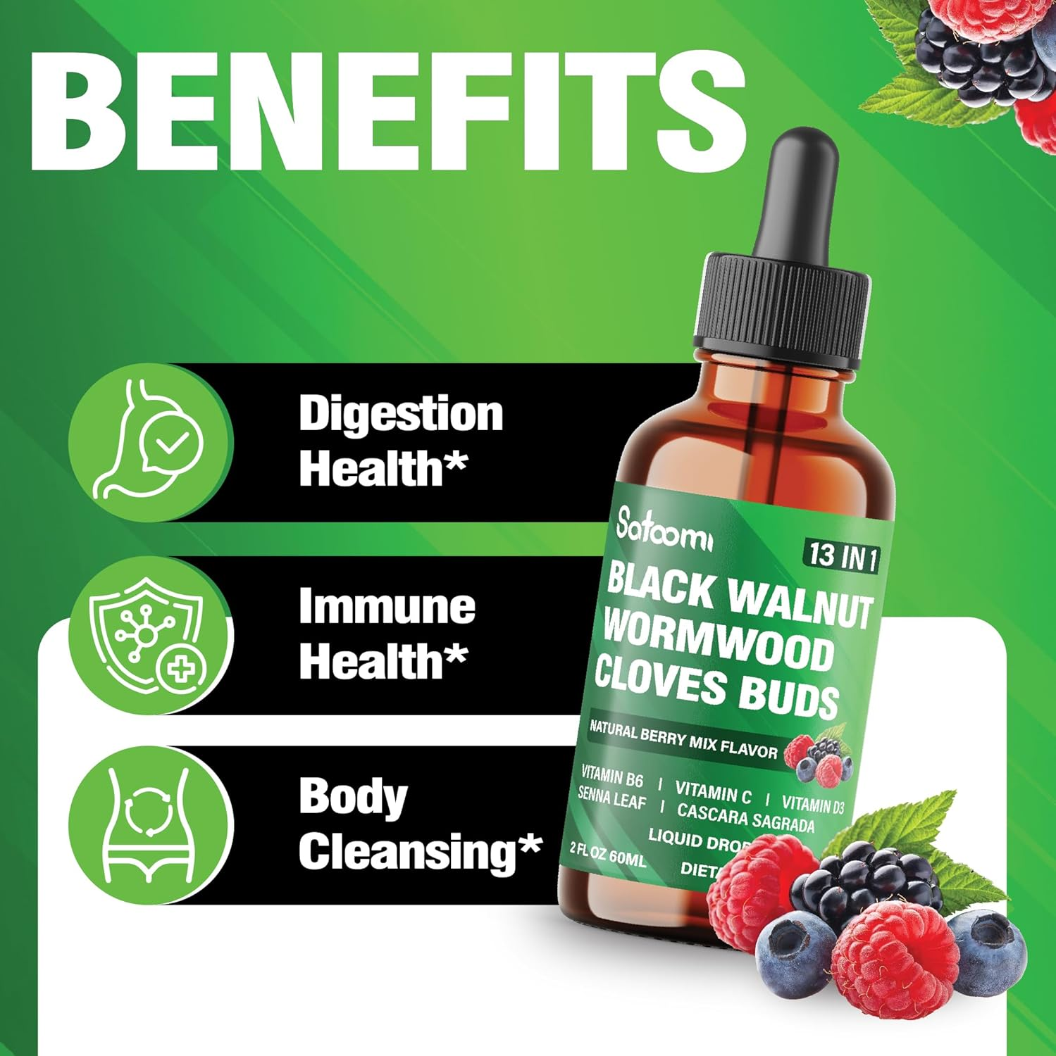 SATOOMI 13In1 Black Walnut Liquid Drops with Wormwood, Cloves, Vitamin B6, Vitamin C, Vitamin D, Senna, Cascara Sagrada and 5 More - 2 Fl Oz for 60 Days - Berry Mix Flavor image number 6