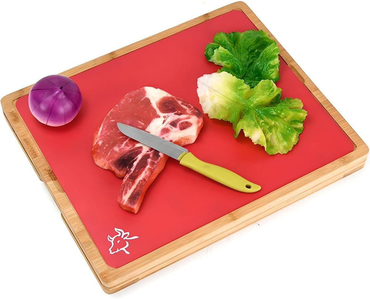 Large Bamboo Chopping Board with 6 Color-Mats, Flexible Colour Coded Cutting Boards Mats Set with Food Icons & Easy-Grip Handles, for Bread, Vegetables, Fruits, Meats, Fish image number 3