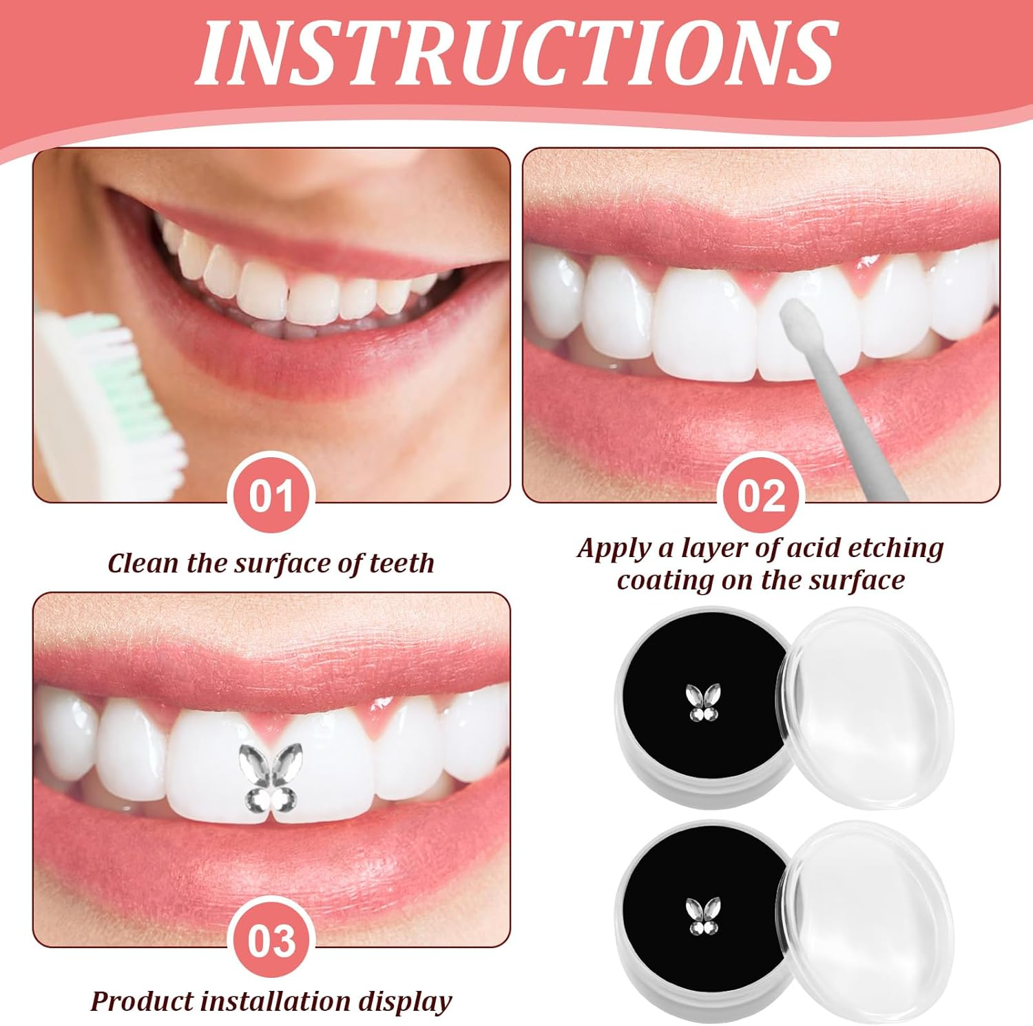 Tooth Crystal, 8 Pieces Tartar Tooth Decorations, Teeth Gemstone Beauty Dental Diamond, Tooth Crystal Ornaments Crystal Decor for DIY Nail and Teeth Decoration - Transparent White image number 2