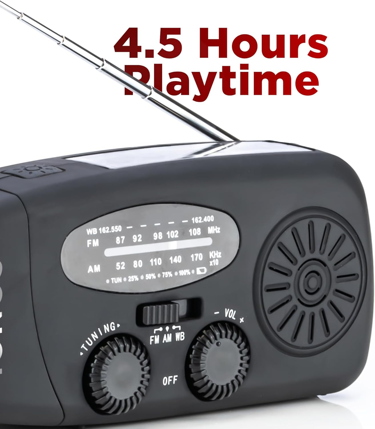 Status IONOS Multifunctional Portable Wind up Radio, FM/AM/WB, Solar and Hand Crank Powered, 3 LED Torch and USB Charging, 4.5Hr Playtime, Emergency and Outdoor Essential, Black, ALMERE1PKB6 image number 6