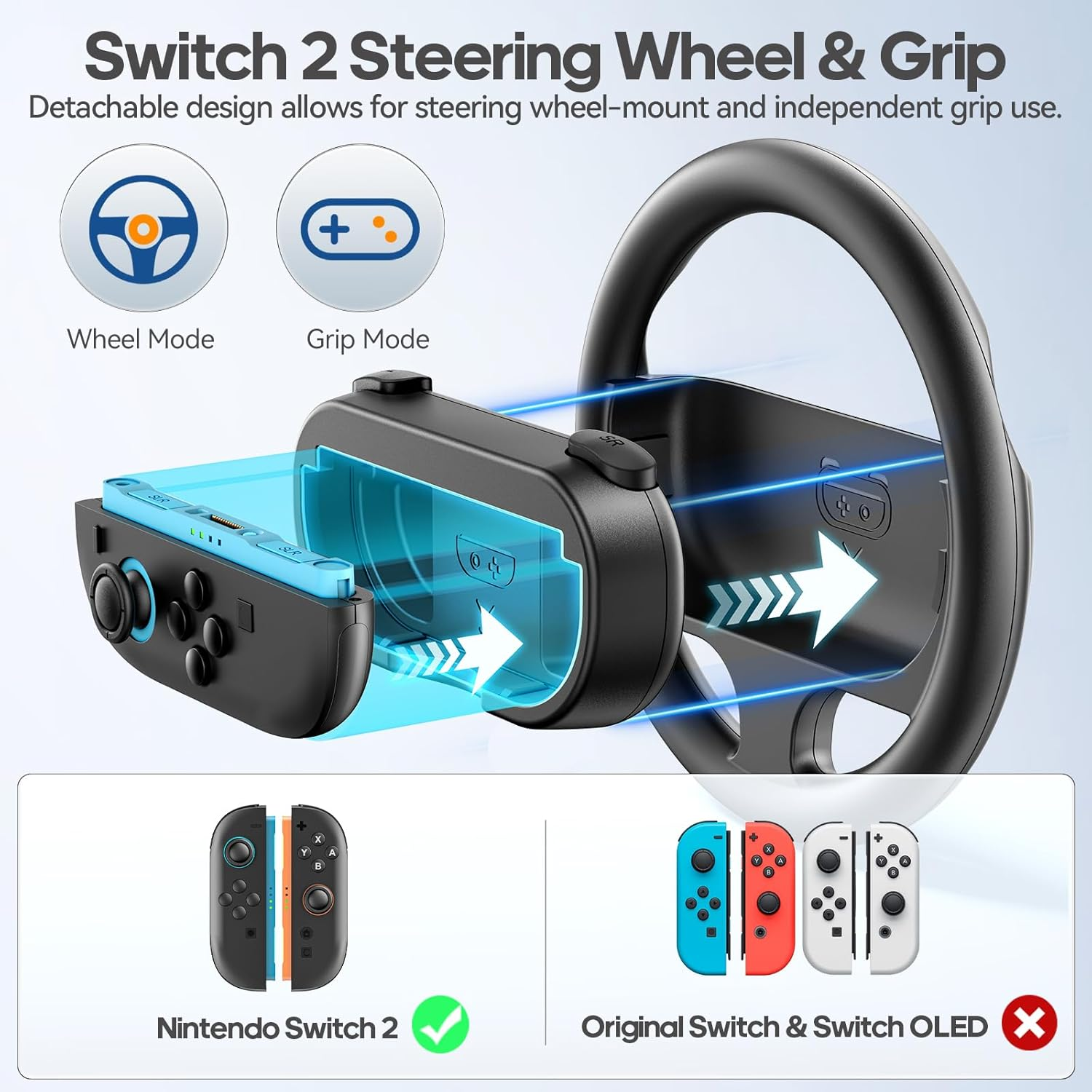 Rysker Steering Wheel & Grip Compatible with Nintendo Switch 2 Joycon, Joycon 2 Racing Wheel with Detachable Controller Grip for Mario Kart World 8 Deluxe, Switch Attachment Accessories, 2 Packs Black image number 3