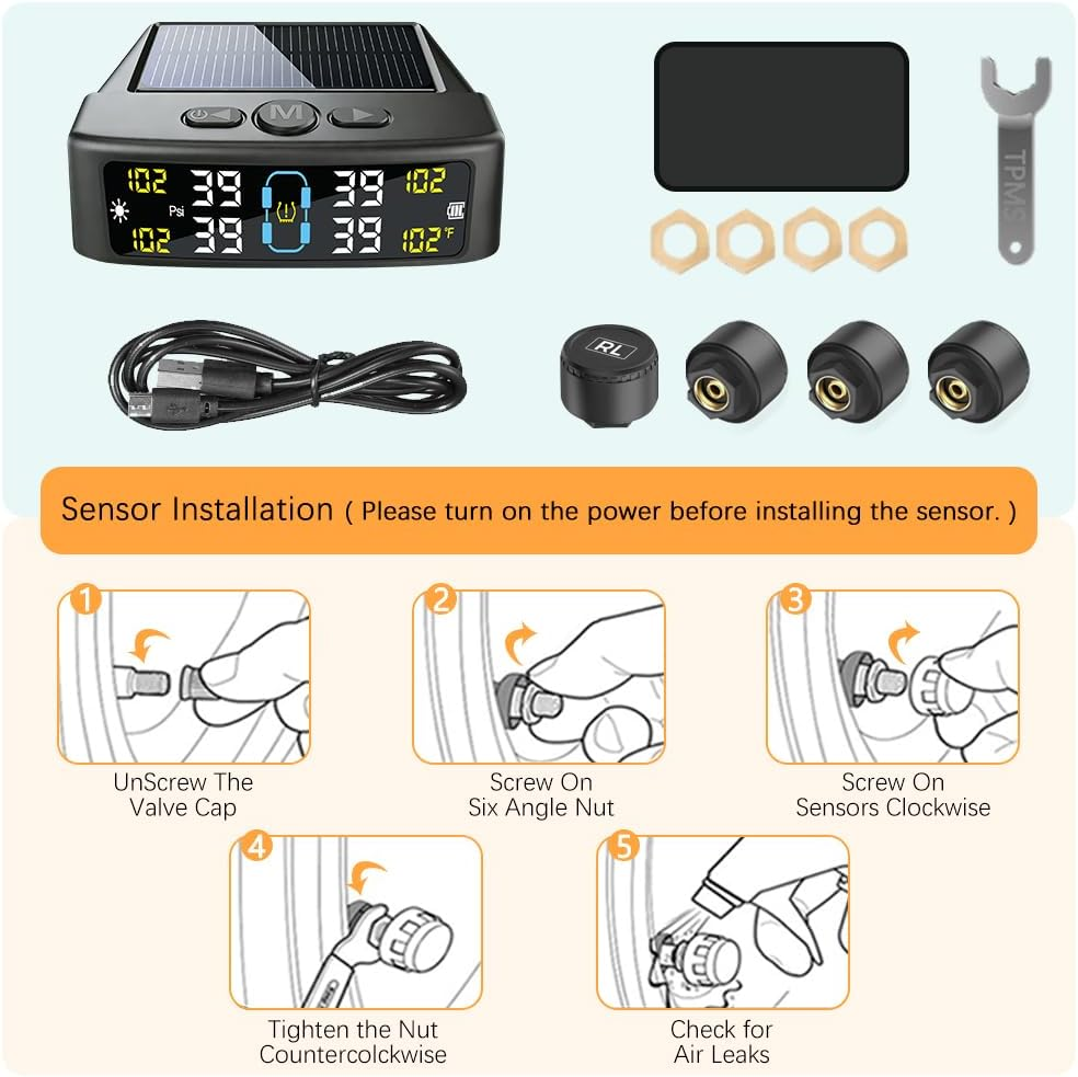 Tire Pressure Monitoring System, TPMS with Solar & USB Charge, Tire Pressure Monitor System with 4 External Sensors & 6 Alarm Modes, Color LCD Display TPMS with Auto Sleep for Car, Sedan, SUV, VAN, RV image number 1