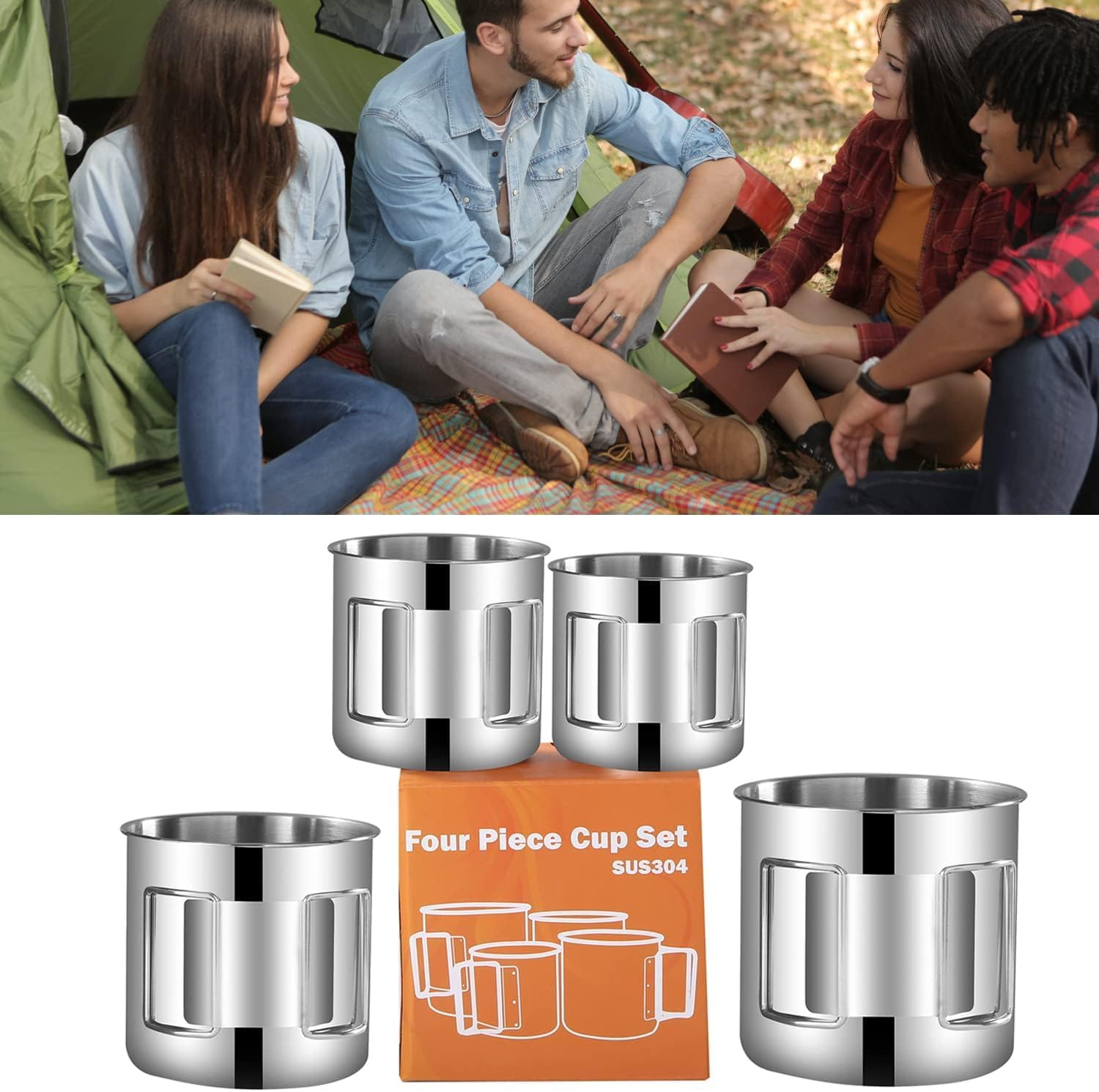 Pobowlgarls 4-Piece Outdoor Camping Mug Set, 304 Stainless Steel Mug Set with Foldable Handles for Camping, Hiking, Backpacking, Picnic image number 3