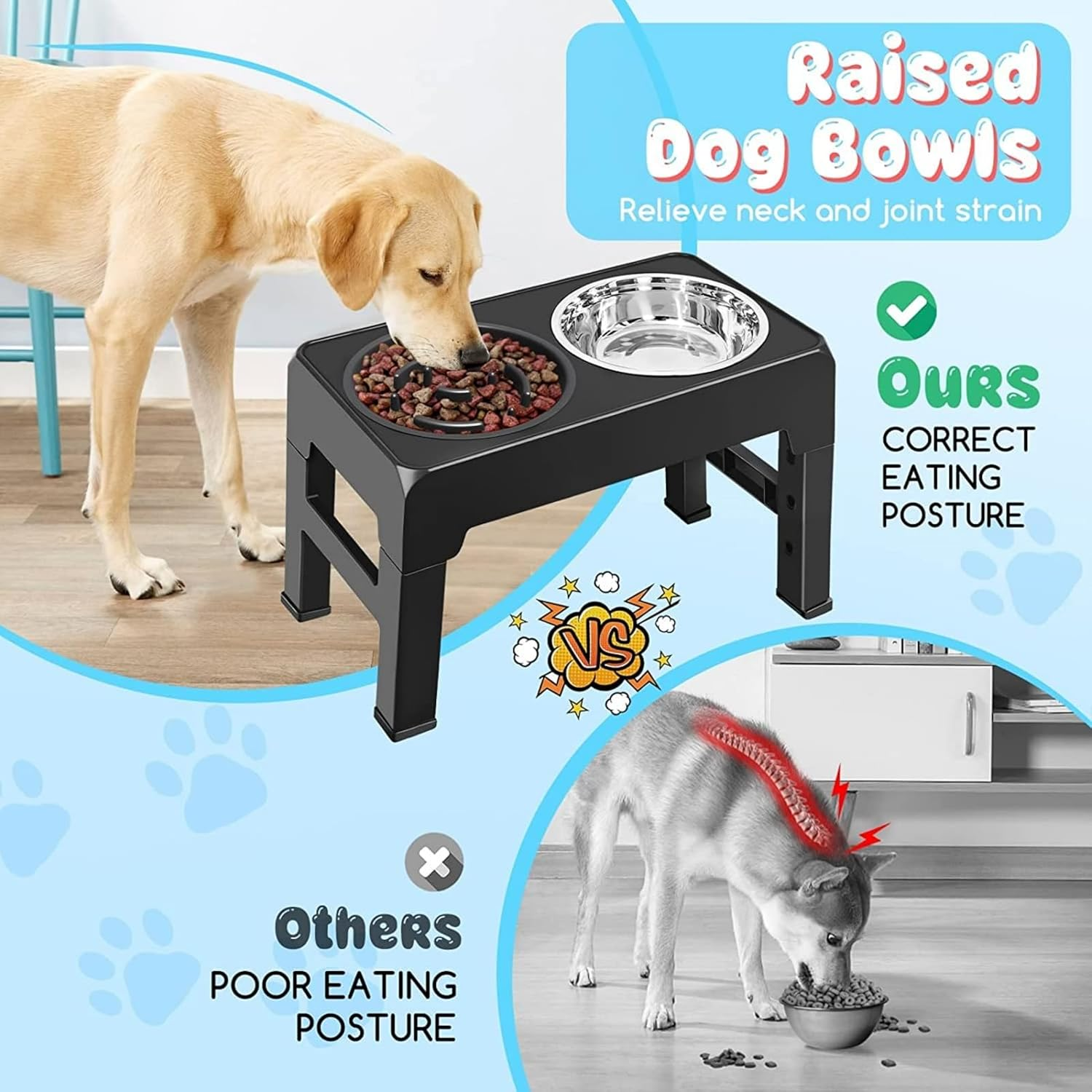 Elevated Raised Slow Feeder Bowls, 4 Height Adjustable Stand with Stainless Steel Water Bowl and Non-Slip Food Bowls for Large Medium Small Dogs and Pets (Black) image number 6