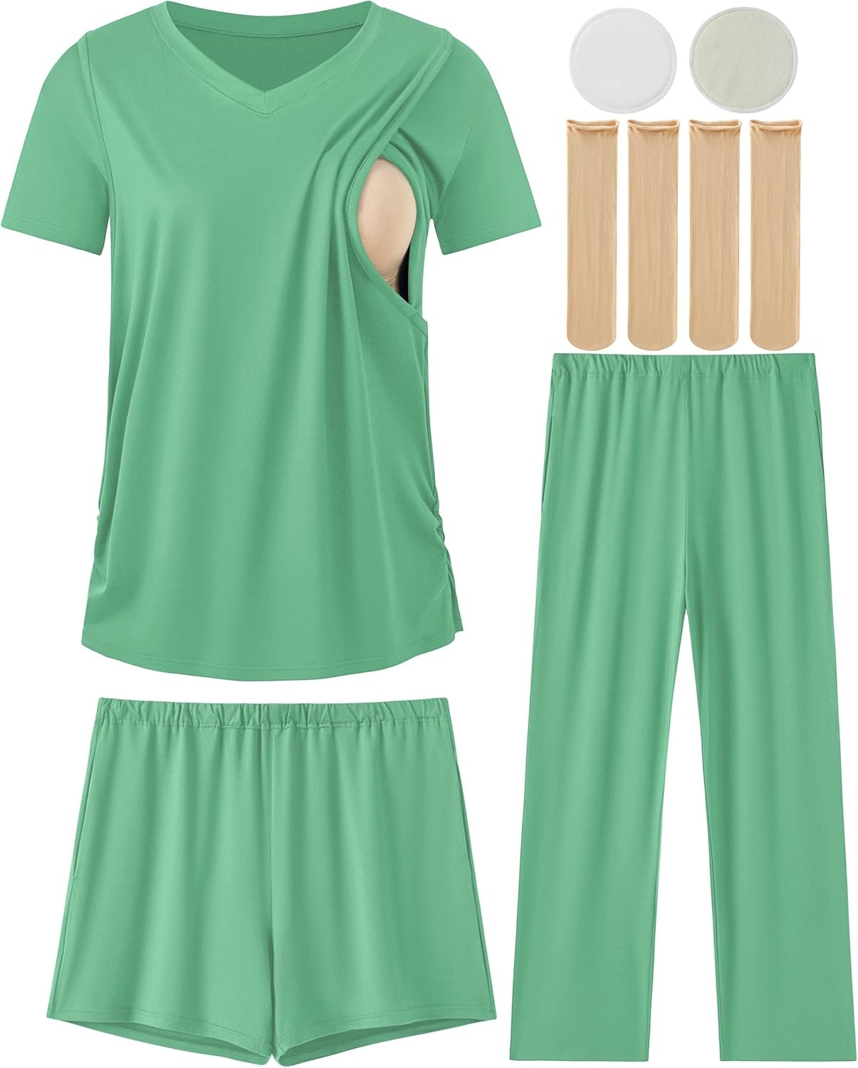 DANSHOW 3 Piece Maternity Nursing Pajamas Set Postpartum Pjs Breastfeeding Sleepwear, Adjustable Waistband