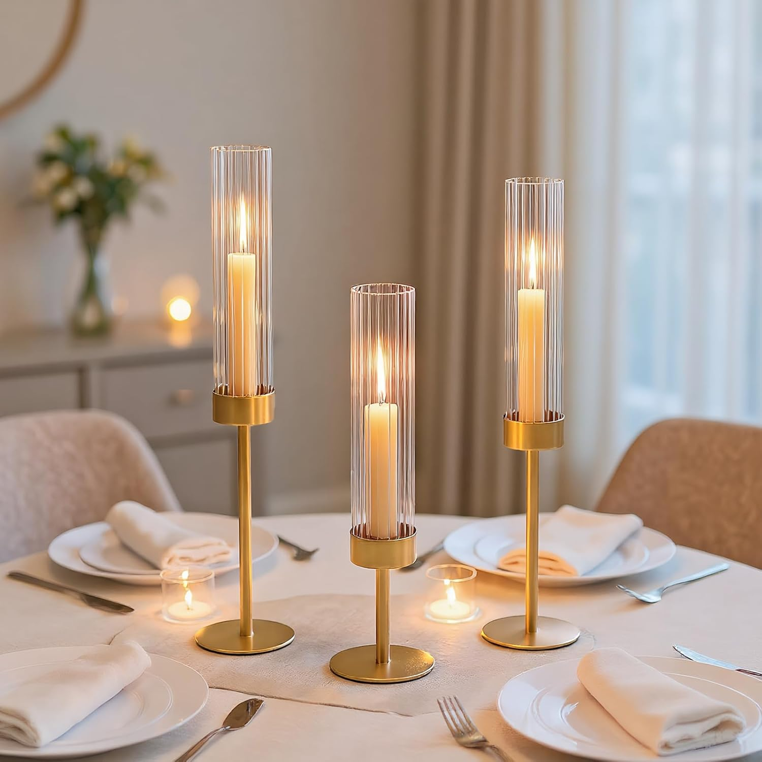 3Pcs Gold-Finished Hurricane Candle Holders Set - Glass & Brass Taper Candle Holders for Weddings, Christmas, Home Table Decor image number 6