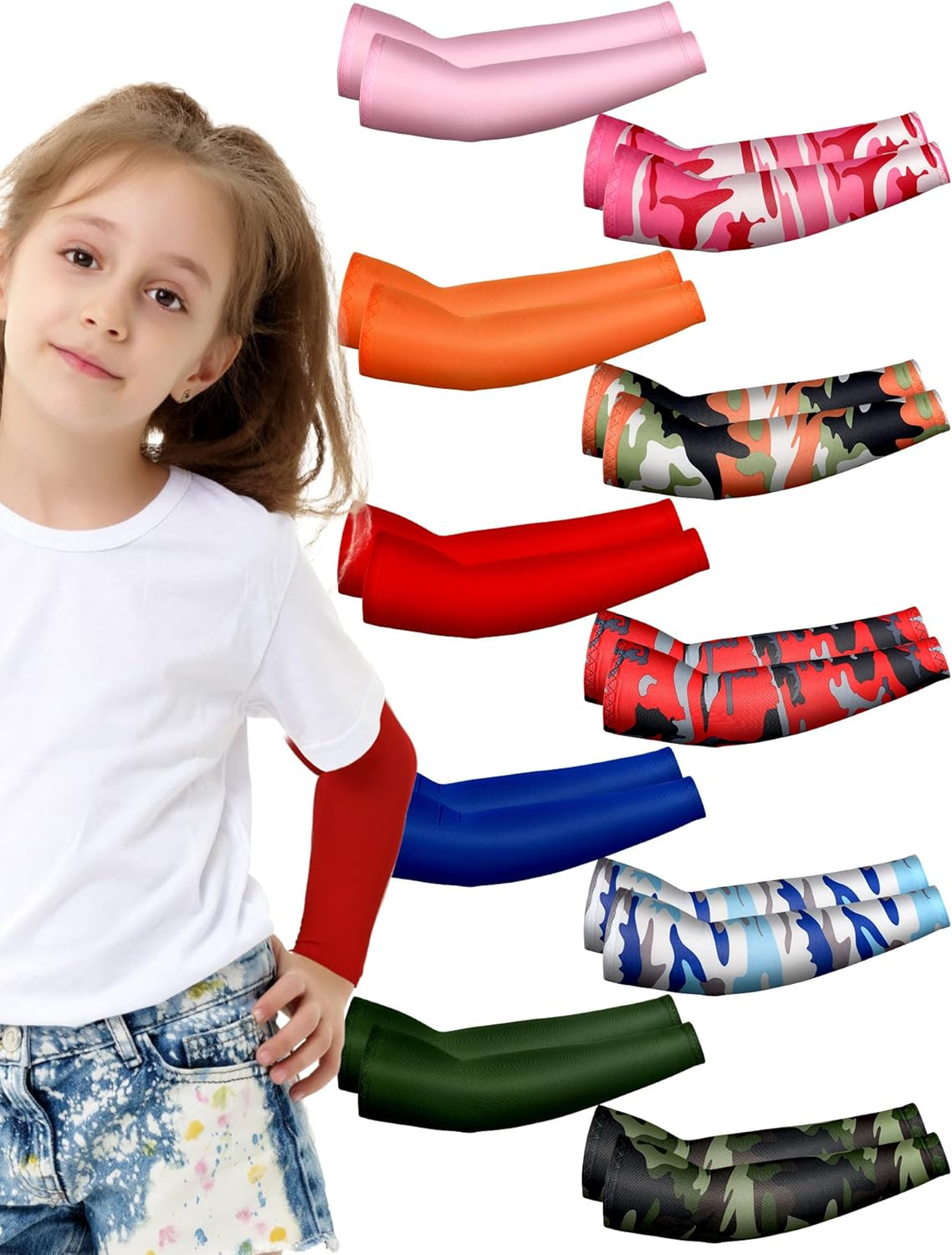 Xuhal 10 Pairs Arm Sleeves for Kids Arm Compression Sleeves Baseball Sleeve UV Sun Protection Cooling Sleeves