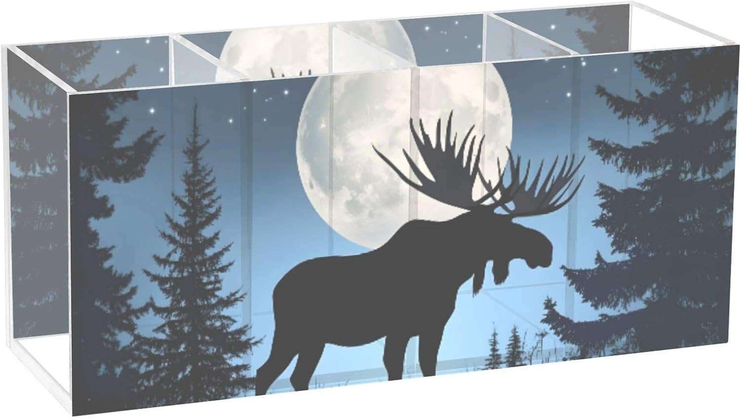 Silhouette Moose Moon Acrylic Pen Holder 4 Compartments, Pencil Holder for Desk, Makeup Brush Holder, Office Desk Storage Organizer for Dorm, Home, Desk Accessories
