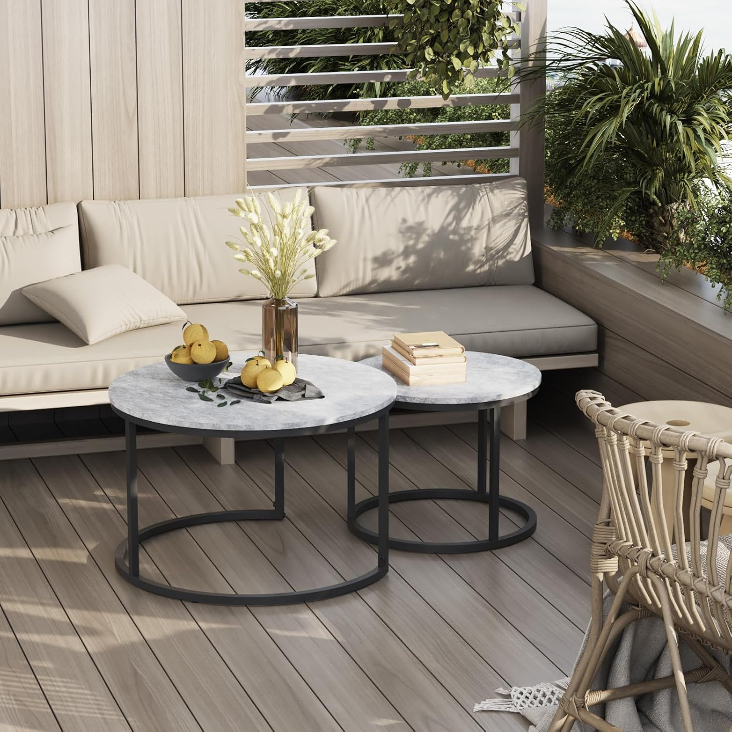 Round Coffee Table, Modern Marble Effect Nesting Table Set of 2 with Metal Frame for Living Room Balcony and Small Space image number 6
