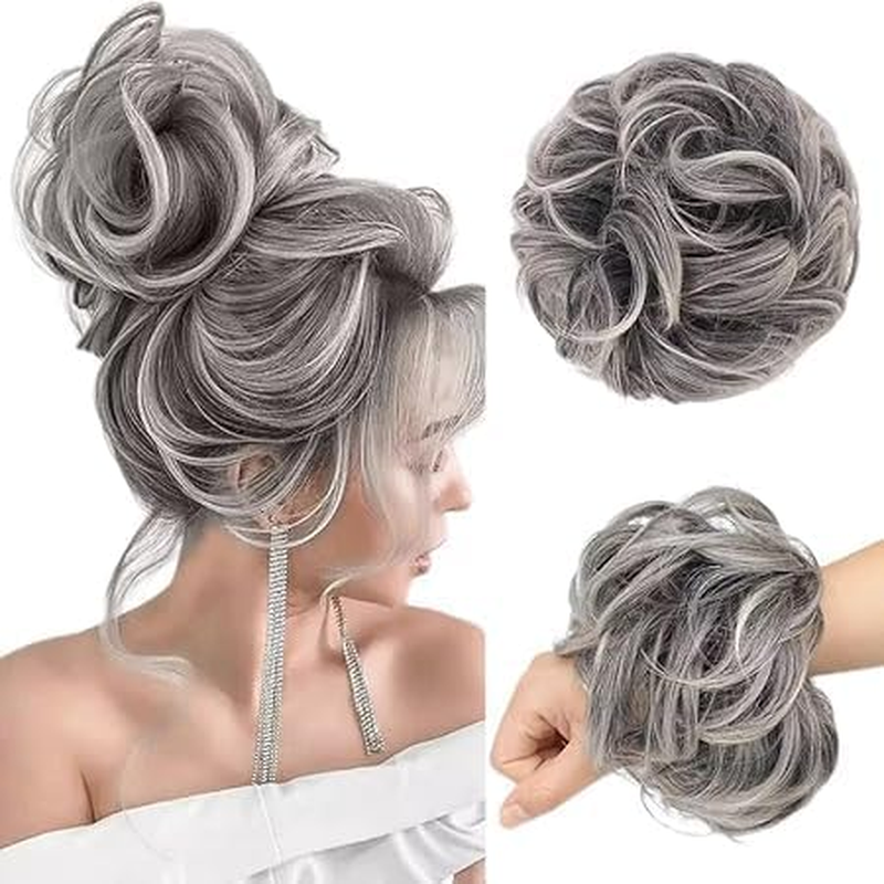 Messy Hair Large Hair Bun Scrunchies Extensions Synthetic Hair for Women (Grey, 1Pack)