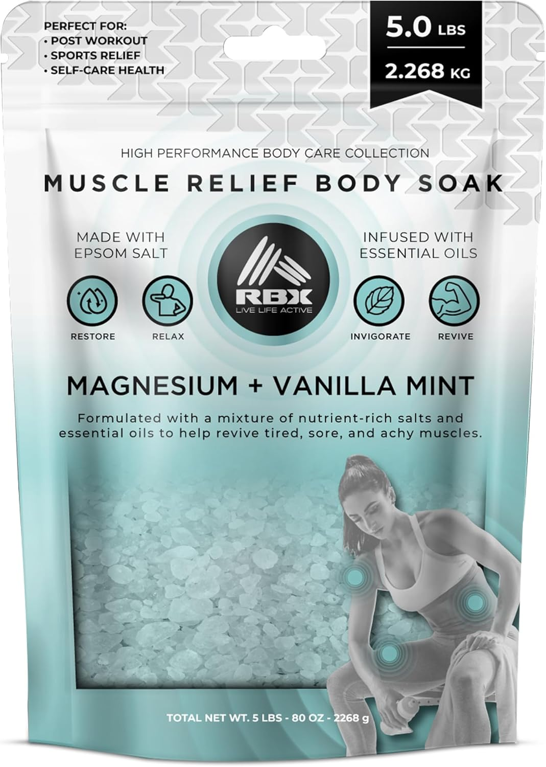 RBX Muscle Relief Epsom Salt Bath Soak &ndash; Magnesium Flakes & Bath Salts for Soothing Sore Muscles, Pain Relief, Foot Detox Soak &ndash; Vanilla Mint Scent &ndash; 5 Lb Bag image number 5