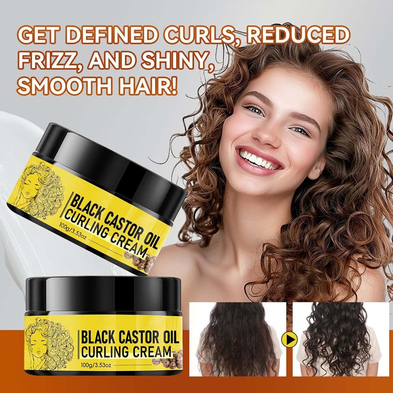 Black Castor Oil Curl Cream, Curl Defining Cream, Non-Sticky, Moisturises, Nourishes and Eliminates Frizz Hair, Curl Enhancer and Frizz Control for Curly Hair, 100 G