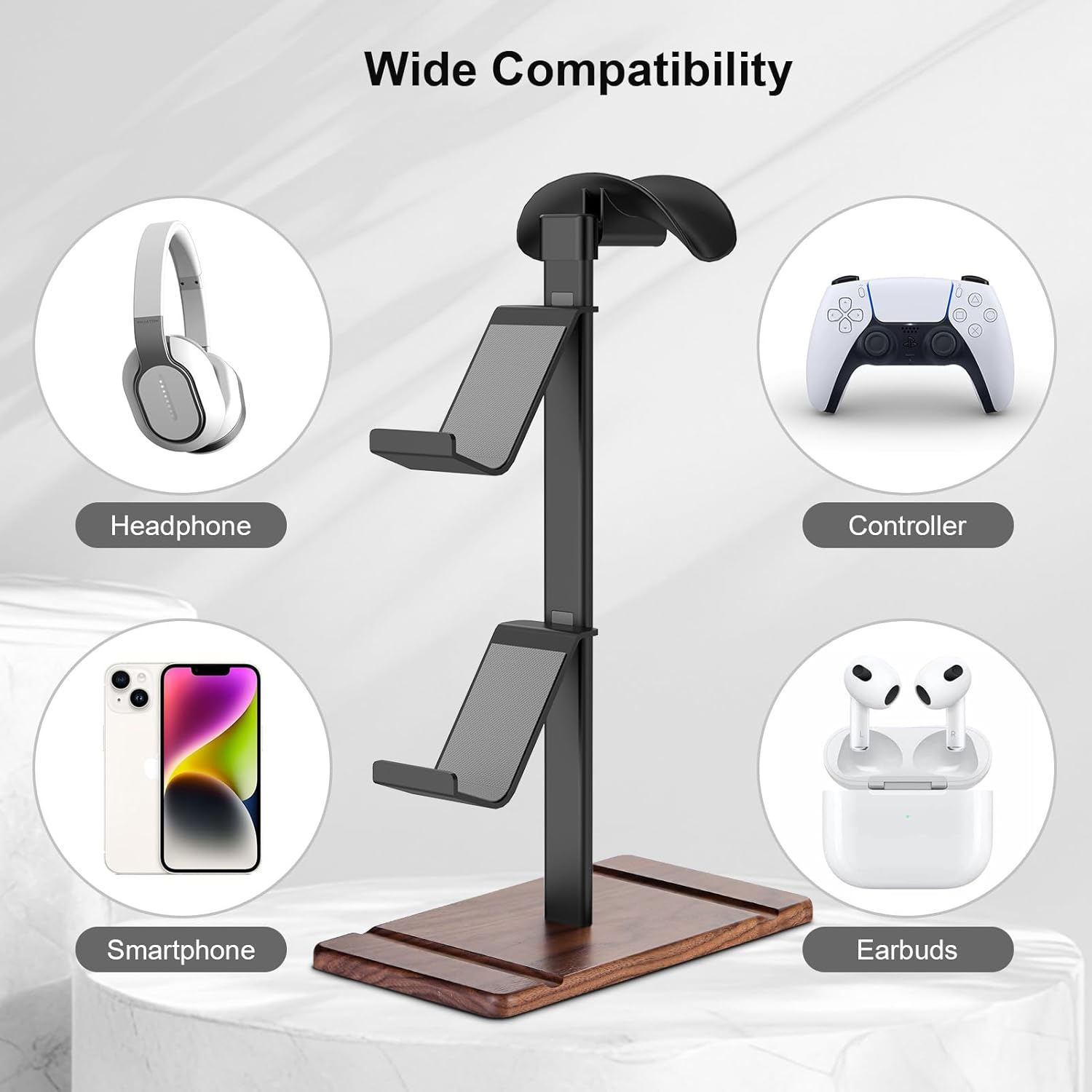 SHUOSUO Controller Holder, Walnut Wood Headphone Stand, Gaming Controller Stand for Xbox PS5 PS4 Switch, Natural Wooden Headset Holder, Universal Desk Game Accessories
