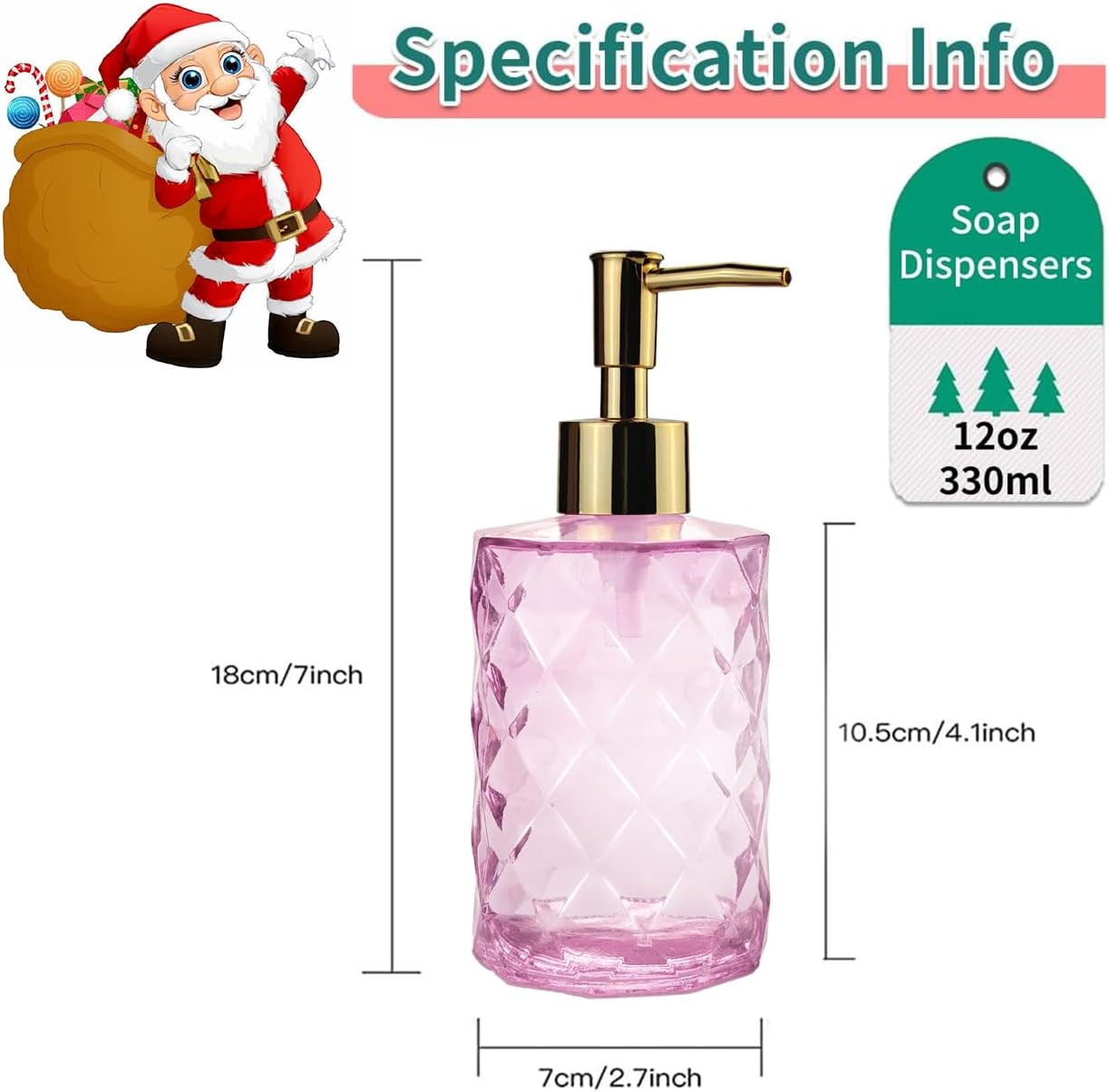Pink Glass Hand Soap Dispenser with Gold Plastic Pump, Liquid Lotion Dispenser for Bathroom, Dish Dispenser Bottle for Kitchen Sink