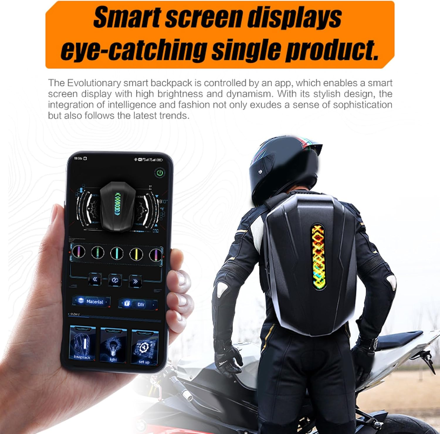 LED Backpack, Programmable Screen Water Proof Backpack with APP Control, 18 Inch Motorcycle LED Backpack for Men and Women