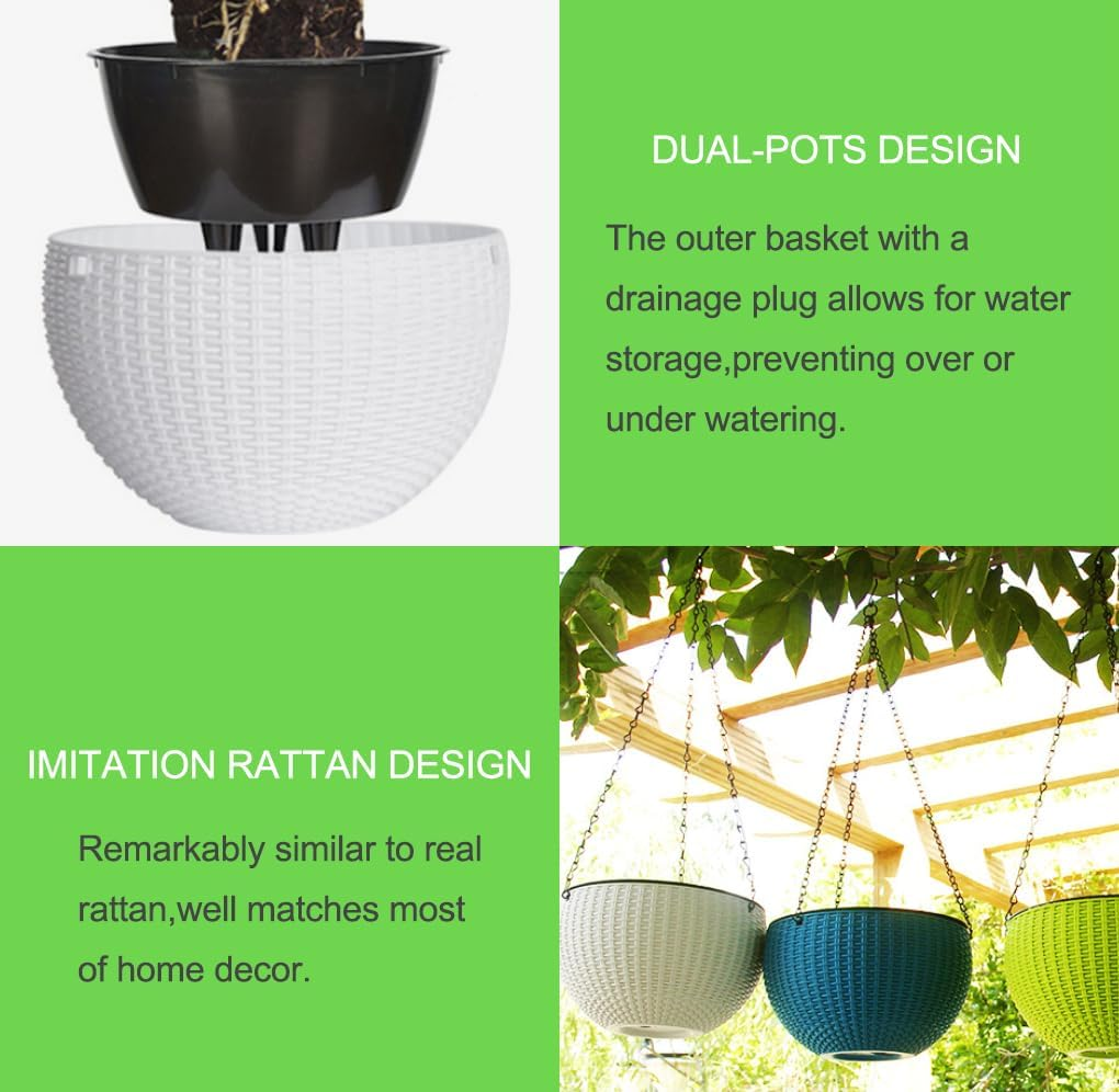 Springup 2 Pack 8.3 Inch Hanging Planters for Indoor Outdoor Plants, Trendy Rattan Design Hanging Flower Pots with Drain Holes, Plant Containers for Garden,Home Decoration,Gift (White) - Dark Grey image number 5