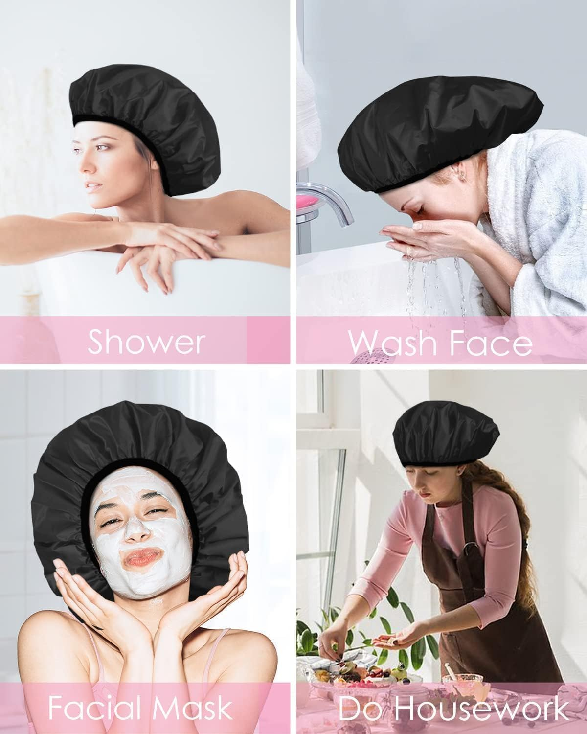 Shower Cap,Terry Lined Shower Cap for Women Reusable, Triple Layer Waterproof Bath Cap, Extra Large for Women Long Hair (Black, One Size) image number 4