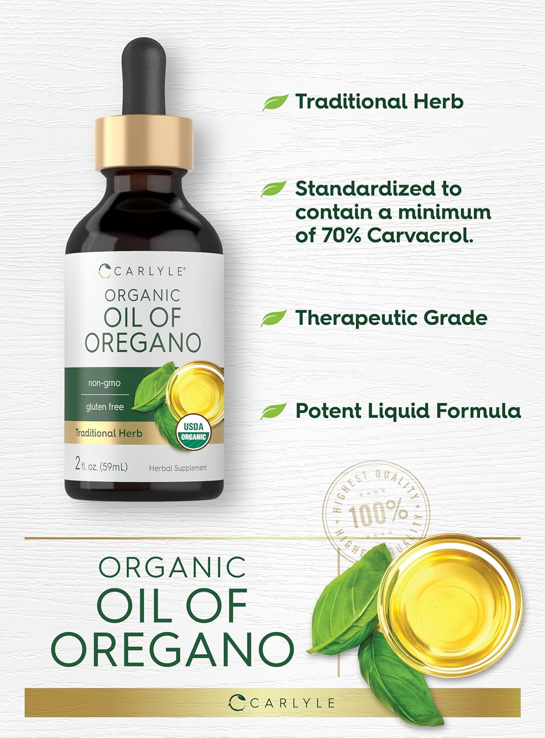 Organic Oil of Oregano | 2 Fl Oz Liquid | Vegan, USDA Certified | Non-Gmo, Gluten Free Drops | by Carlyle image number 3