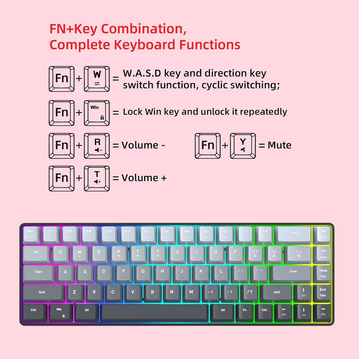 XUMIUZIY 60% Mechanical Keyboard, 68 Keys RGB Backlit Wired Gaming Keyboard, Hot Swappable, 25 Key anti Ghosting, Ergonomic Membrane Keyboards for Laptop PC (Gradient Black)