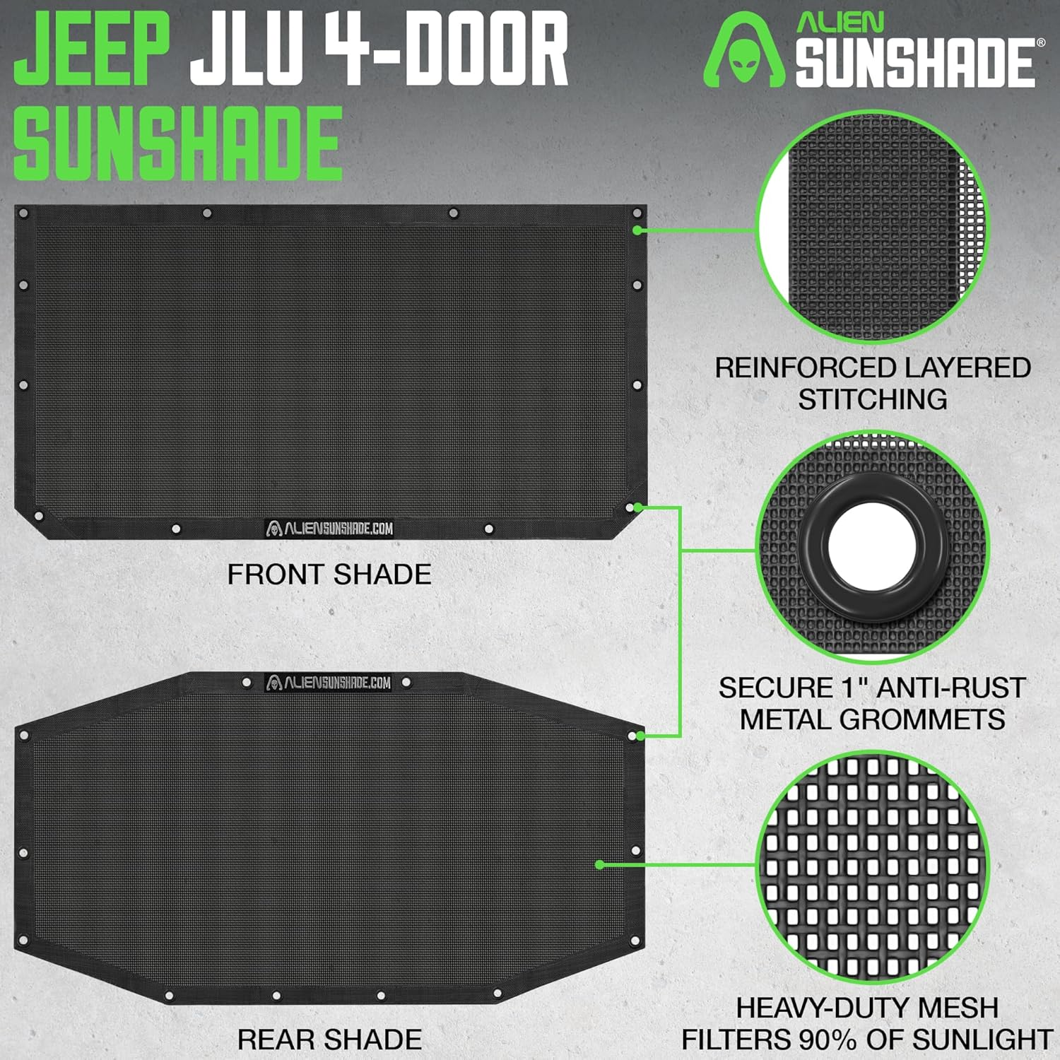 Alien Sunshade Jeep Wrangler JLU (2018-2023) &ndash; Front & Rear Mesh Sun Shade for Jeep JL Unlimited - Blocks UV, Wind, Noise - Bikini Jlkini Top Cover for Sport, Sport S, Sahara, Rubicon (Black) image number 5