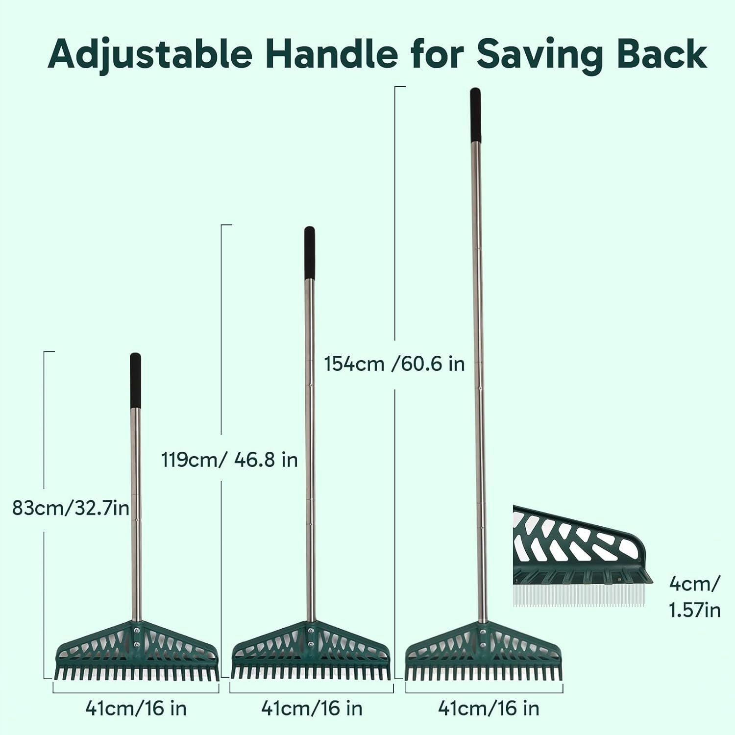 Artificial Rake, Double Sided Garden Hand Broom Rake Stainless Steel Long Pole Leaves Rake16 Inch Wide for Garden Grass Clean Lawn Artificial Turf Patios Carpets Pet Hairs Cleaner image number 2